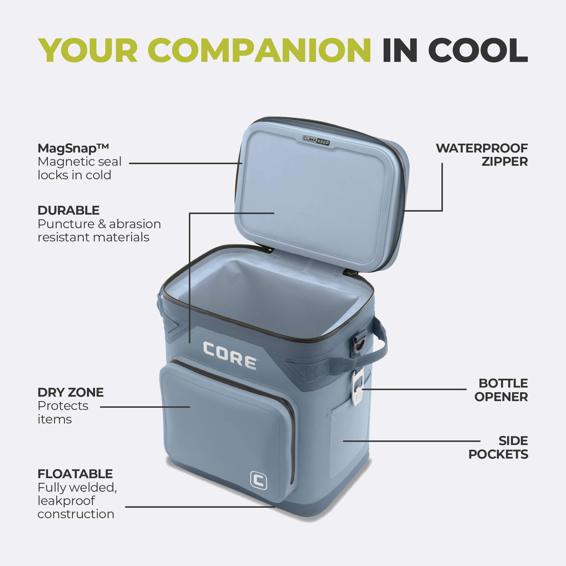 CORE 36 can Climakeep steel blue cooler with waterproof zipper, magnetic seal, dry zone, bottle opener, side pockets, and durable build.