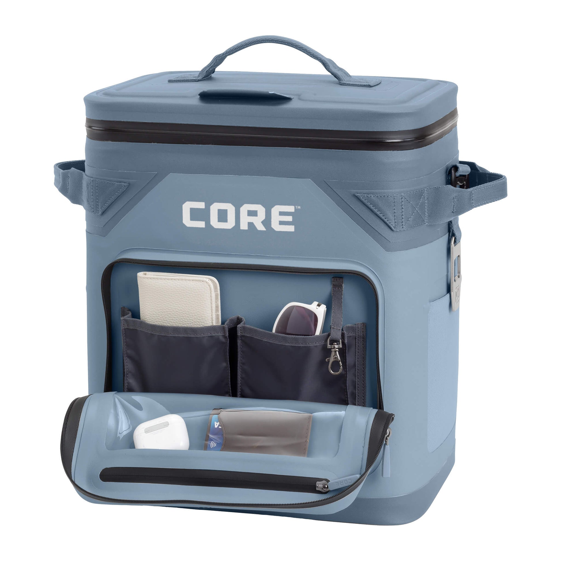 CORE Climakeep 36 can steel blue cooler with an open front pocket storing phone, keys, and accessories.