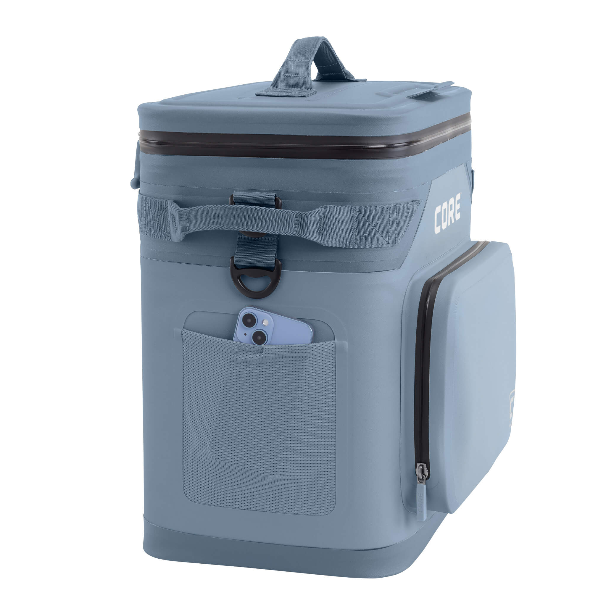 CORE Climakeep 36 can cooler in steel blue with side mesh pocket holding a smartphone and a front zip pocket.
