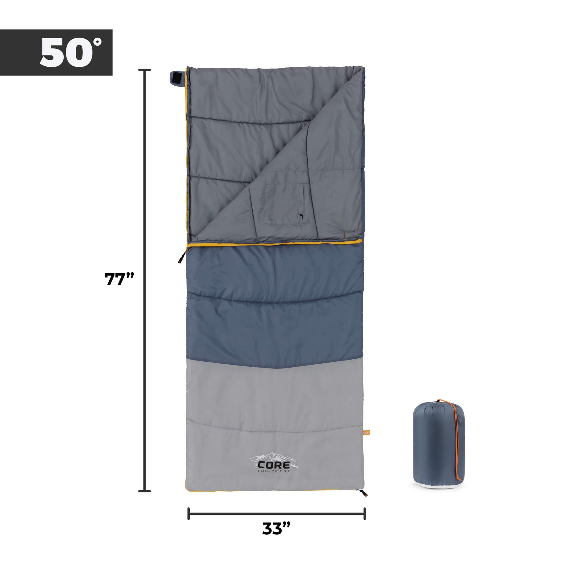 CORE 50 Degree sleeping bag dimensions, 77 inches long by 33 inches wide.
