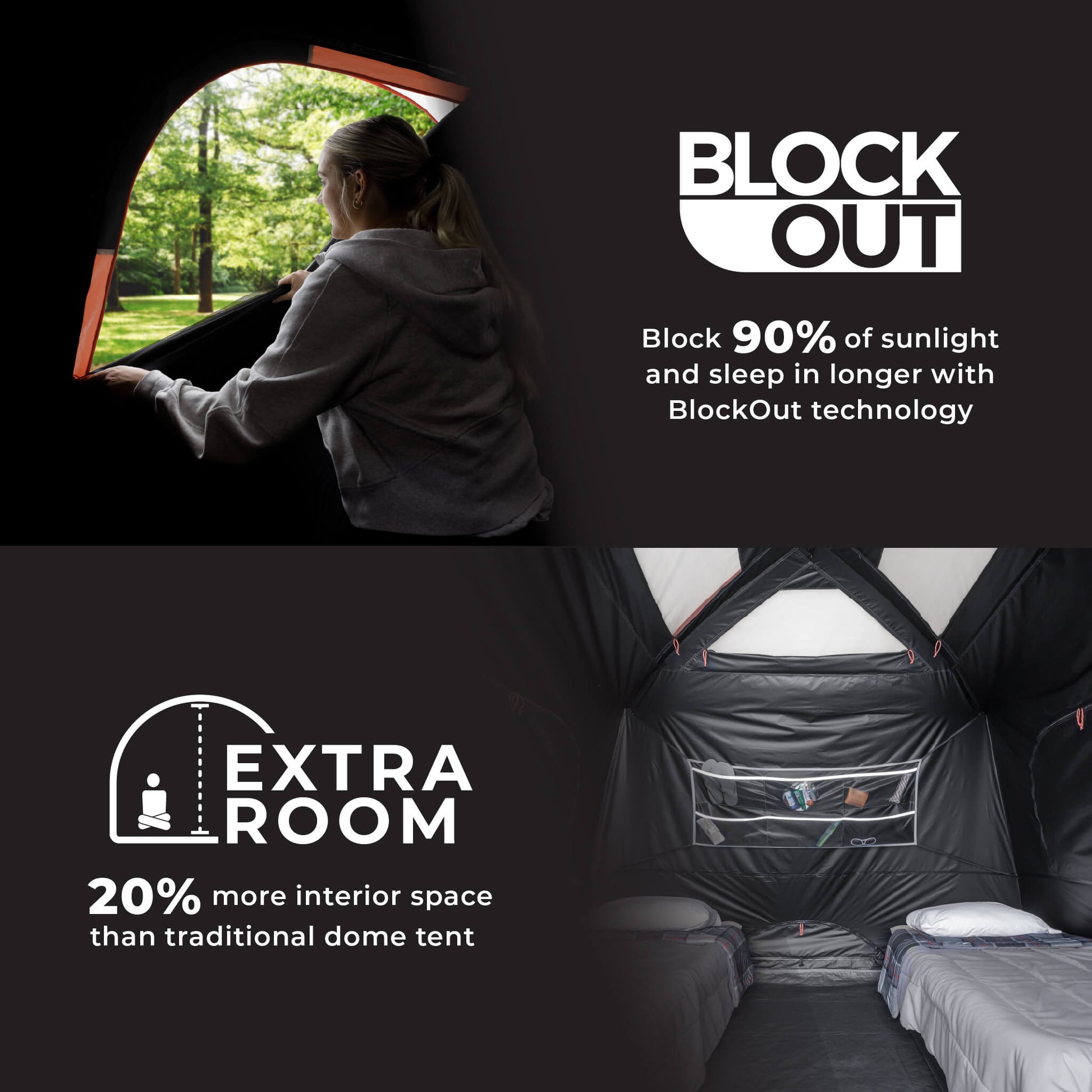 CORE Blockout dome tent interior showing Blockout fabric that blocks 90% of sunlight and creates 20% more interior space.