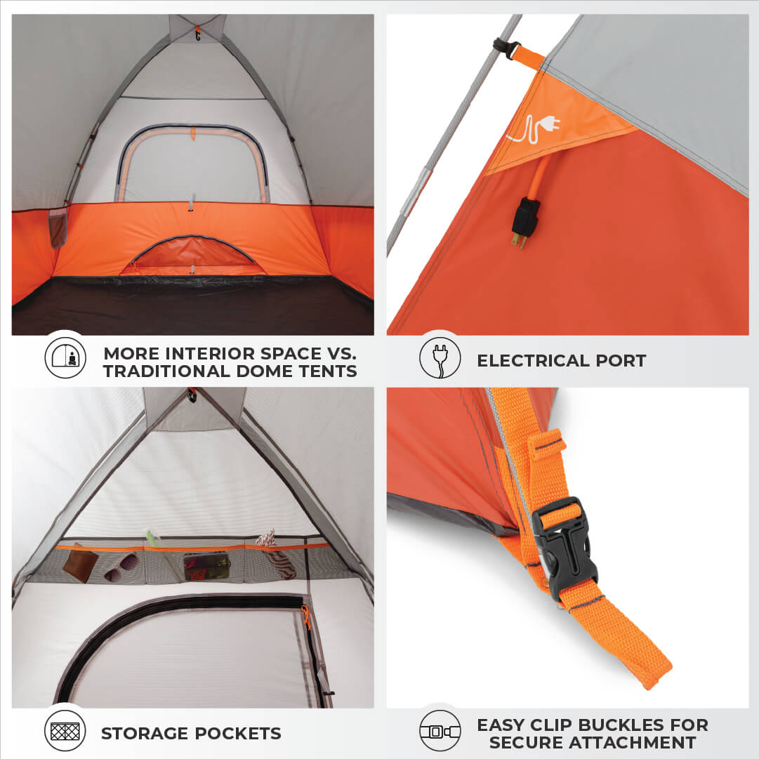 CORE 6 person dome tent with vestibule showing a collage of features.