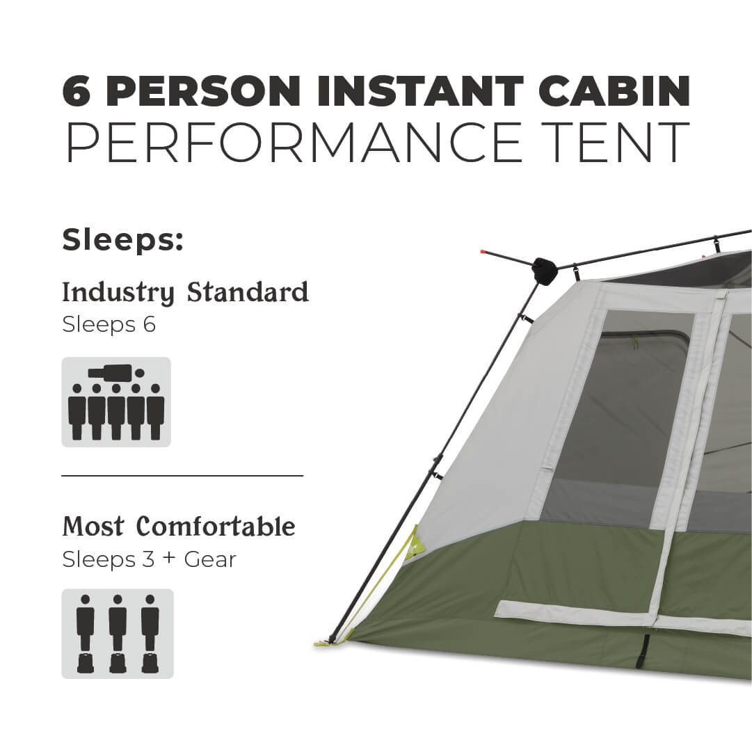 6 person instant cabin performance tent with text on capacity and comfort.