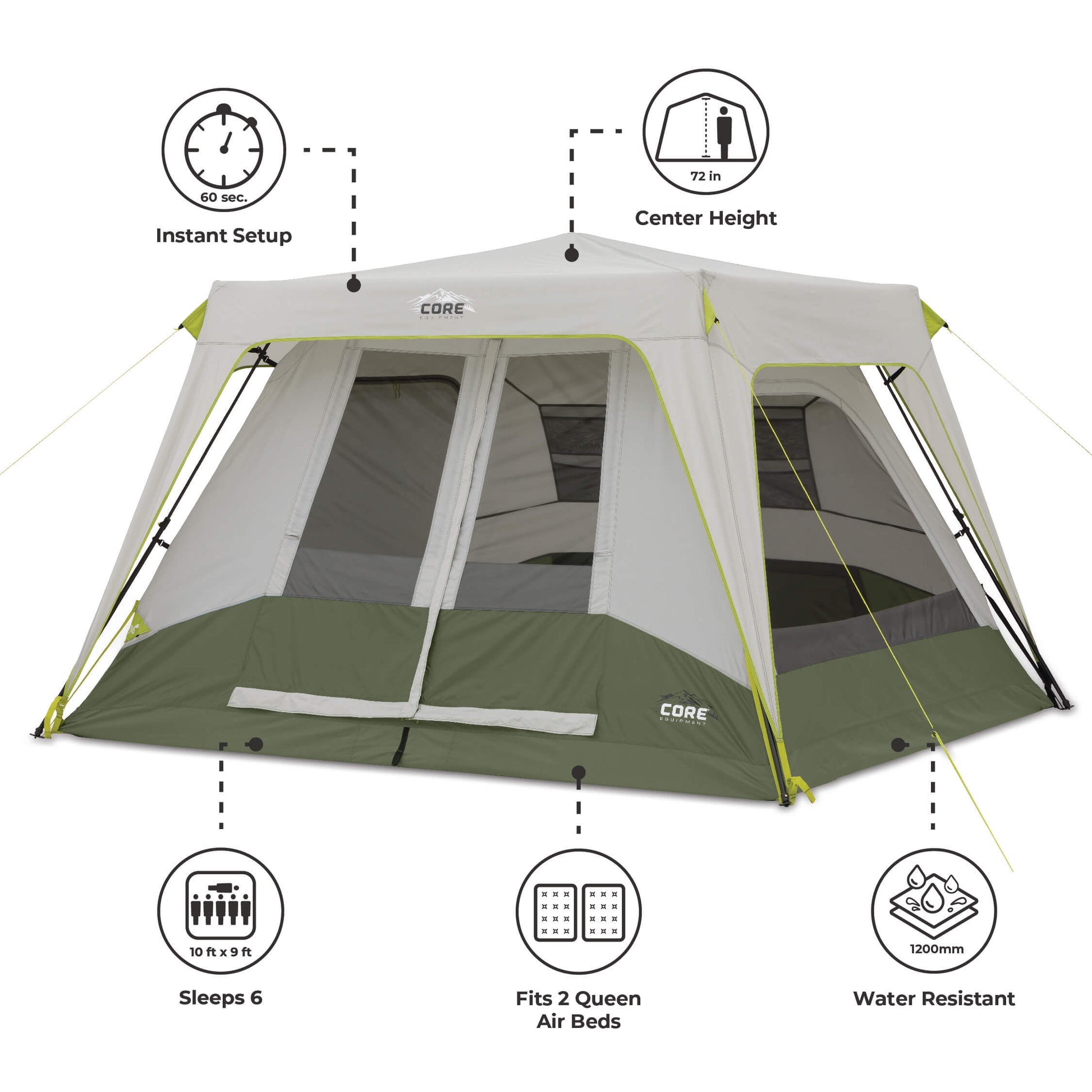 Green and gray 6 person instant acbin tent with dimensions highlighted.