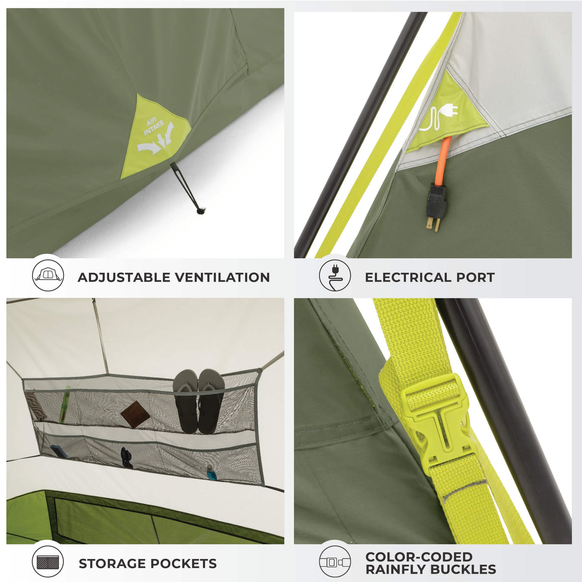 Collage of features including adjustable ventilation, electrical port, storage pockets, and color-coded rainfly buckles on a tent.