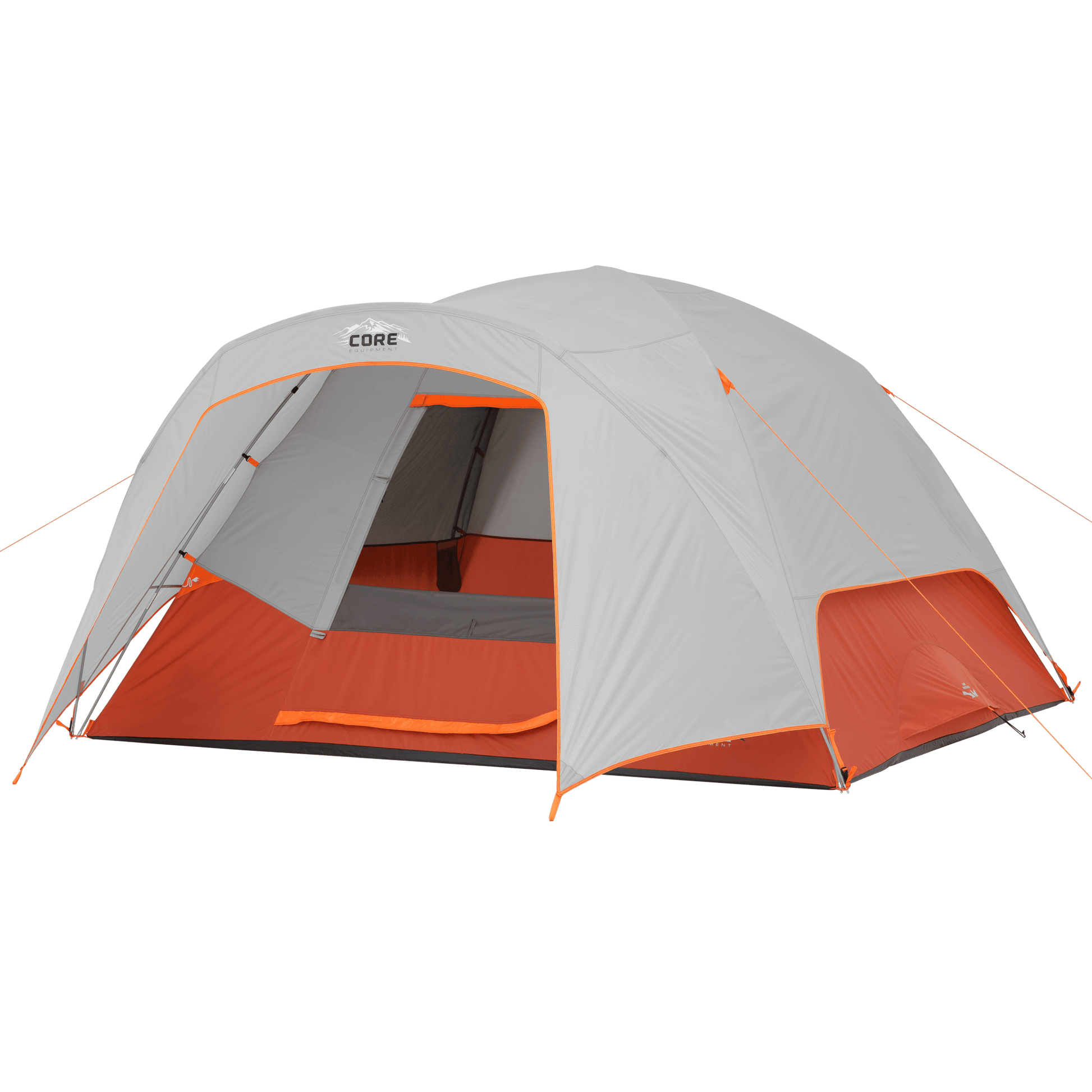 Gray and orange tent with CORE 6 person dome tent with vestibule.