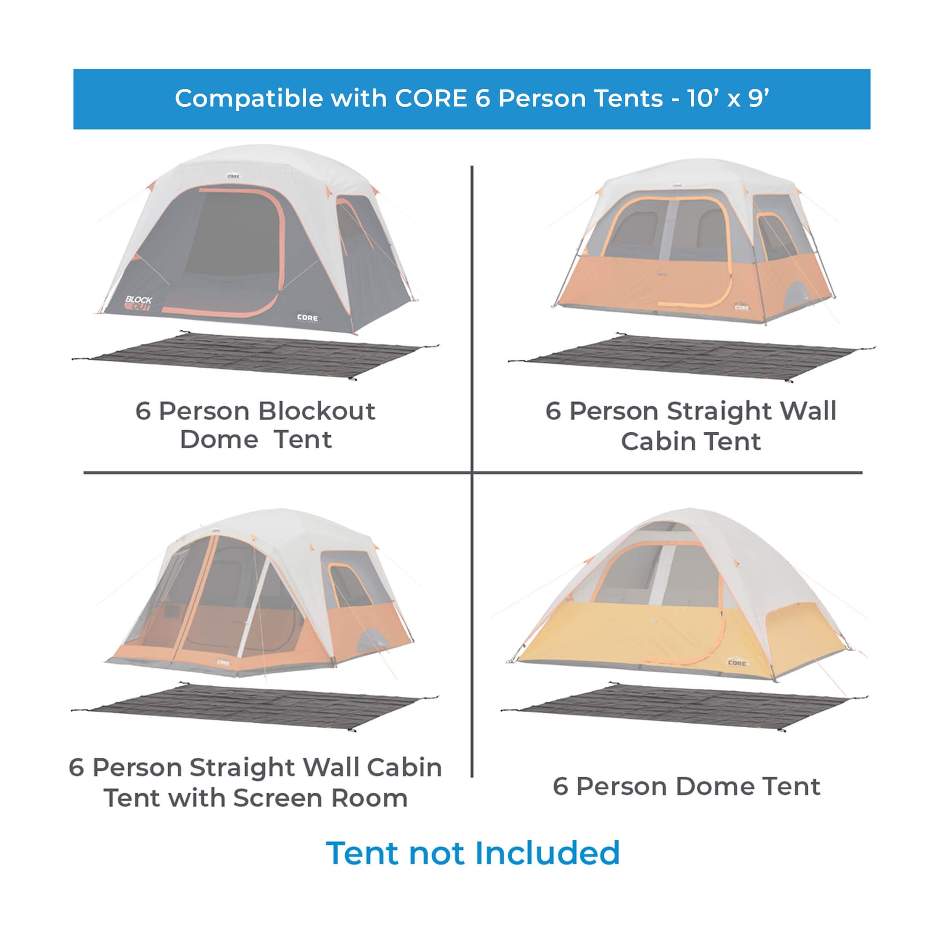 Chart showing CORE 6 person tent footprint compatibility with standard dome, blockout, and straight wall tents.
