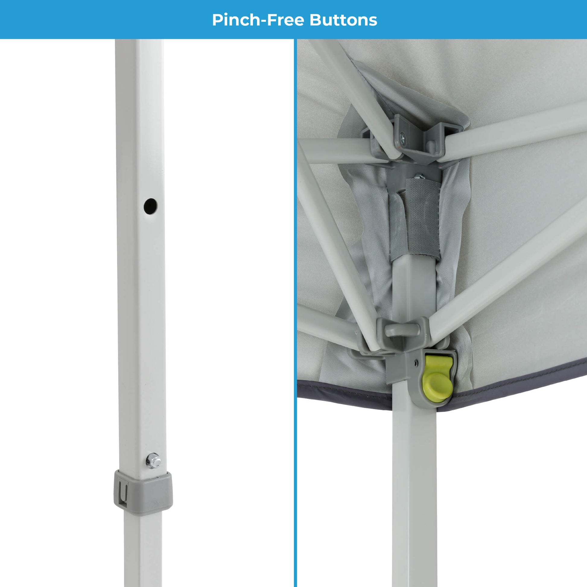 CORE 6x4 instant canopy frame detail with pinch-free buttons and steel construction for safe, easy setup and secure stability.