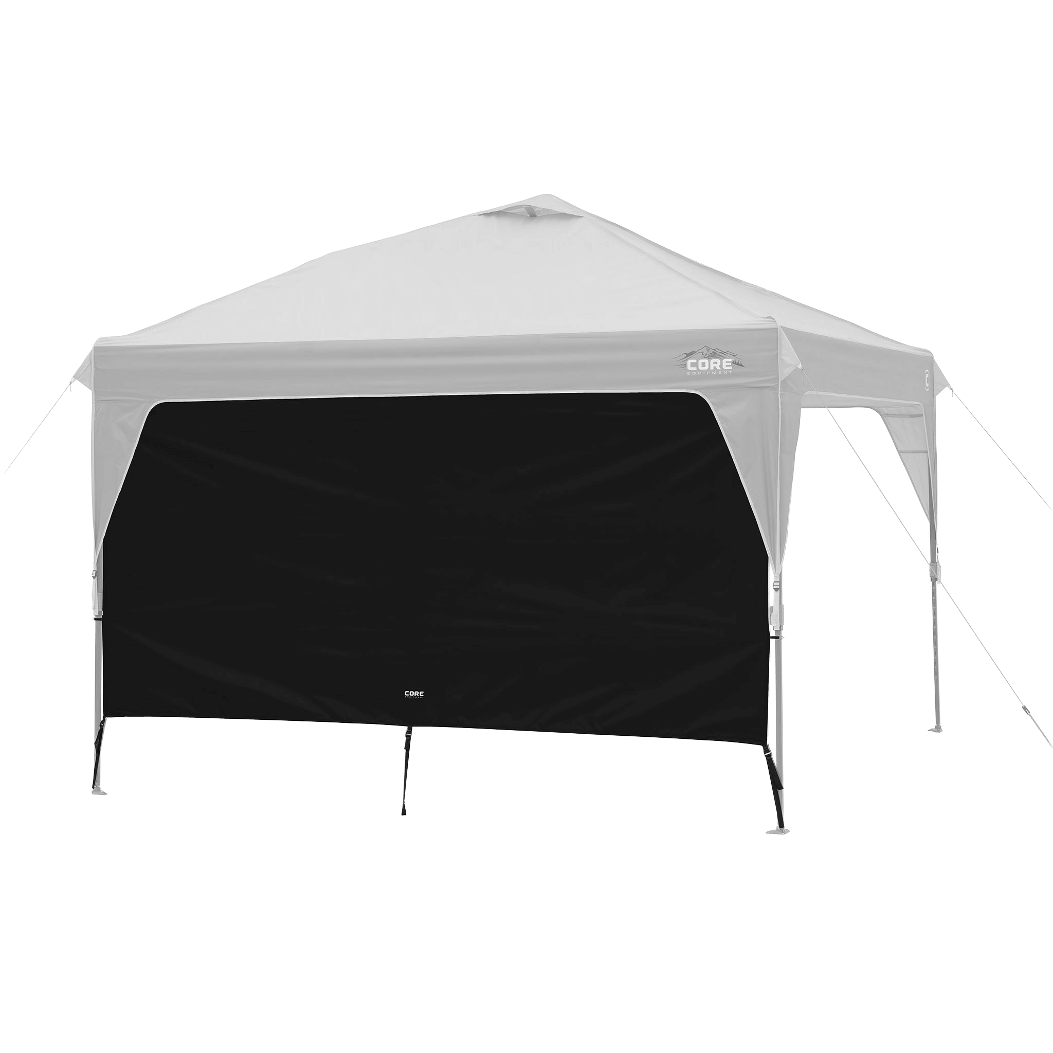 CORE canopy sun wall in black shown with 10x10 canopy top, featuring UV protection and water-resistant fabric.