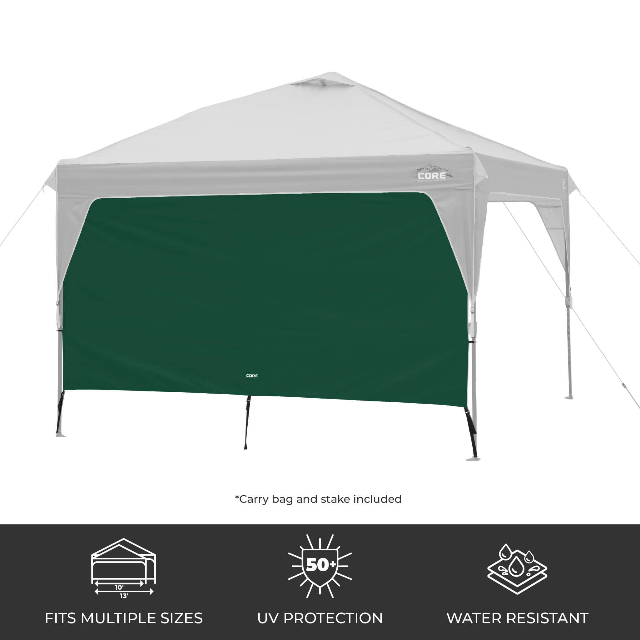CORE canopy sun wall in forest green attached to a 10x10 canopy, featuring UV protection, water resistance, and an included carry bag and stake.