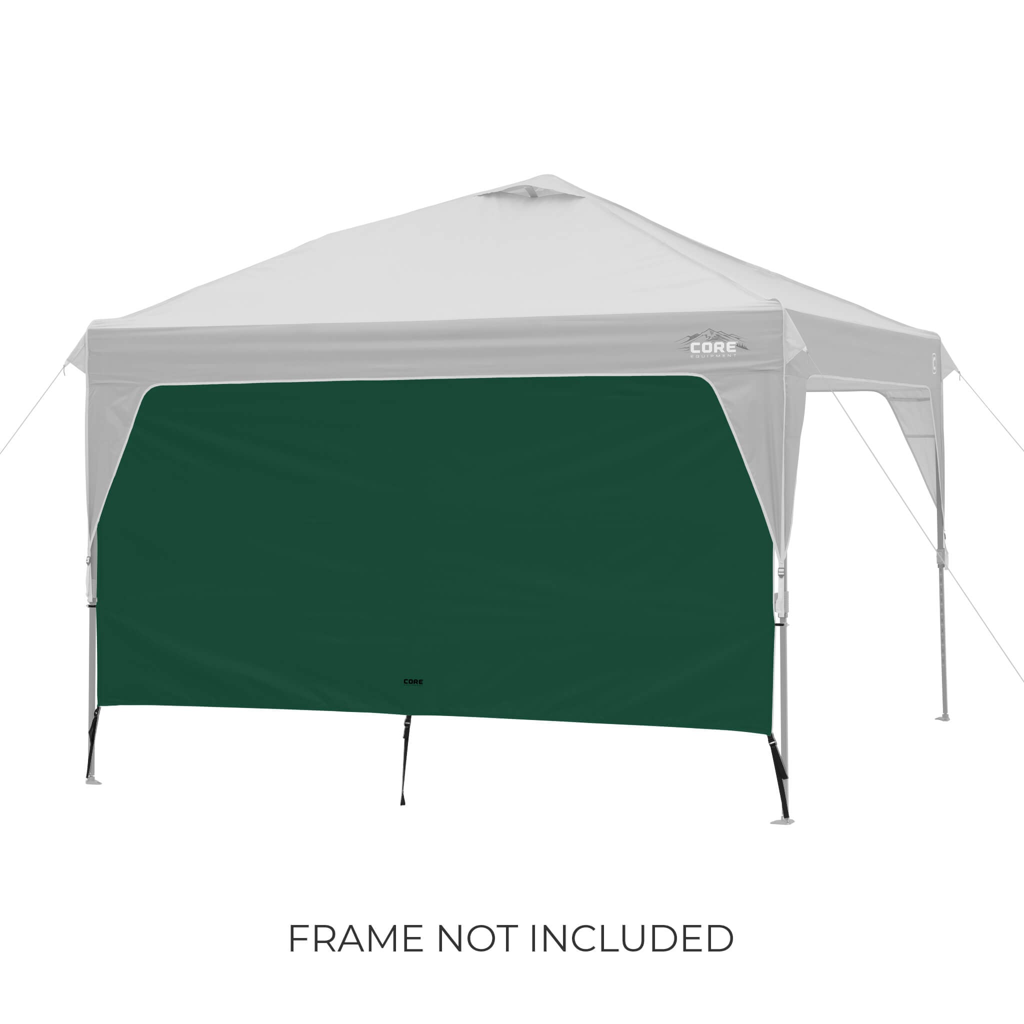 CORE canopy sun wall in forest green shown with 10x10 canopy top, featuring UV protection and water-resistant fabric, frame not included.