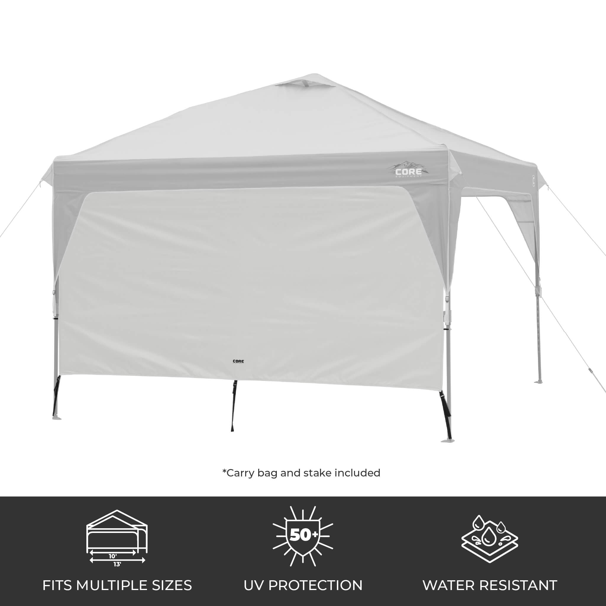 CORE canopy sun wall in gray attached to a 10x10 canopy, featuring UV protection, water resistance, and an included carry bag and stake.