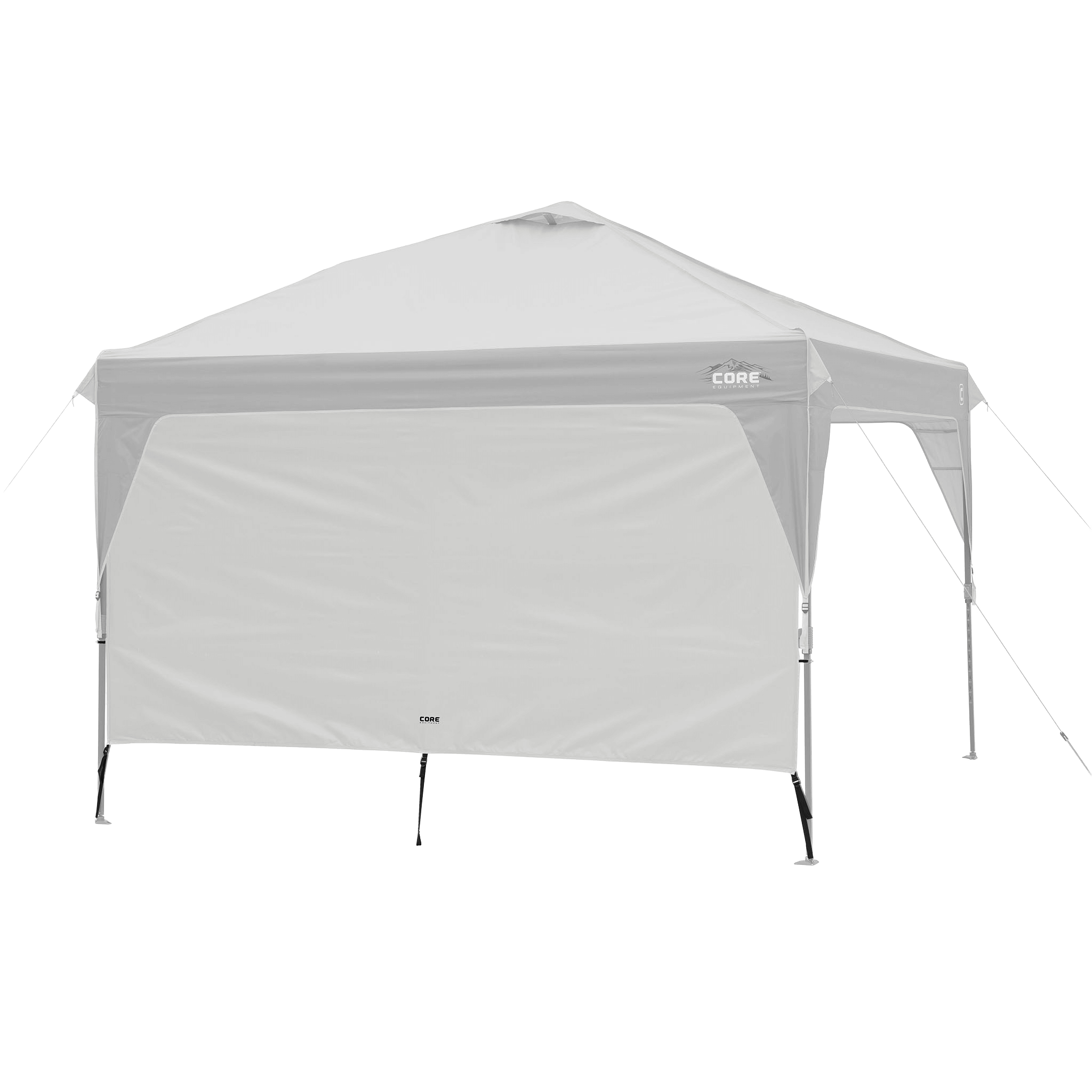 CORE canopy sun wall in gray shown with 10x10 canopy top, featuring UV protection and water-resistant fabric.