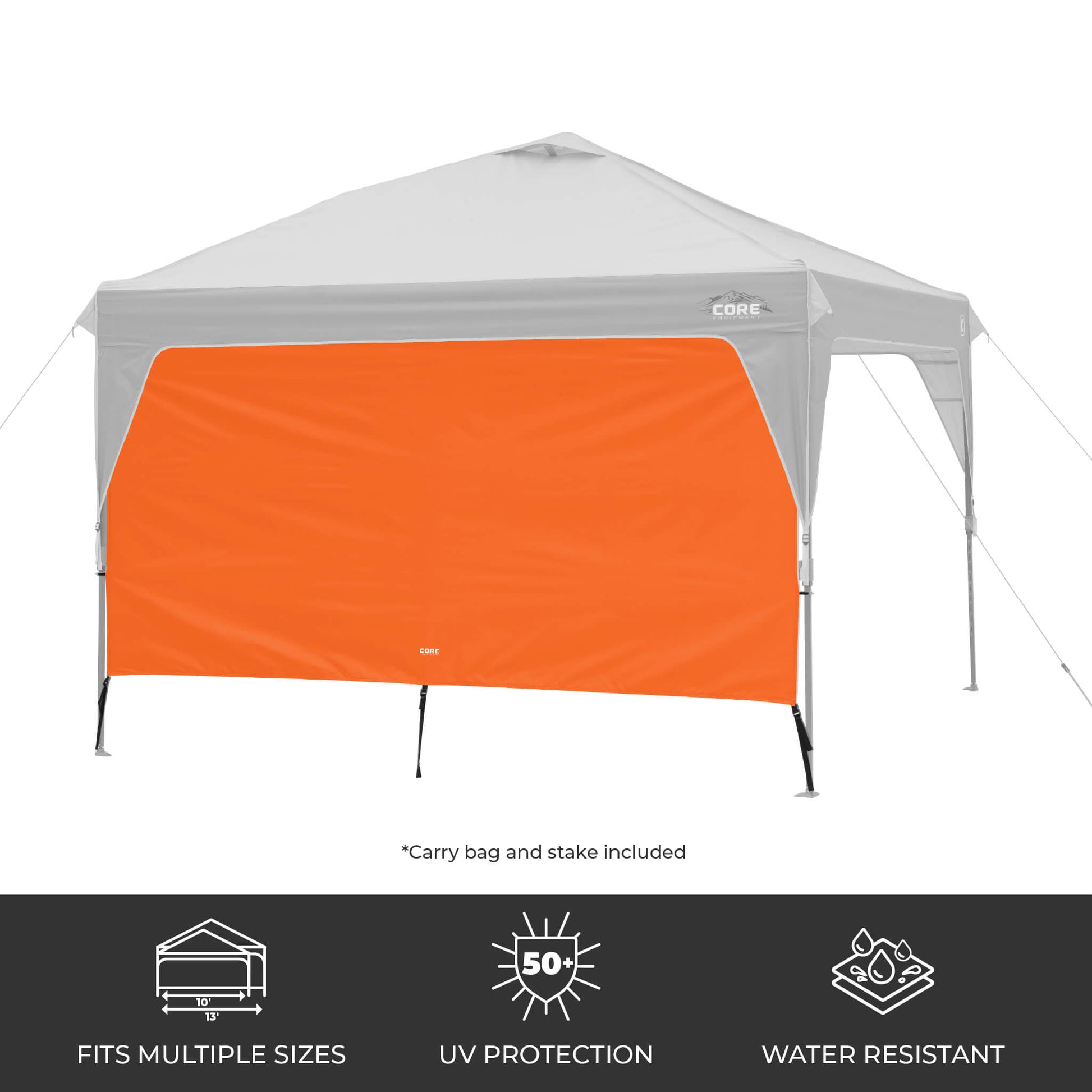 CORE canopy sun wall in orange attached to a 10x10 canopy, featuring UV protection, water resistance, and an included carry bag and stake.