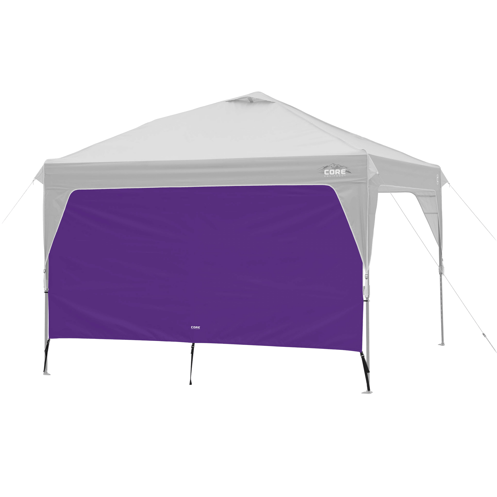 CORE canopy sun wall in purple shown with 10x10 canopy top, featuring UV protection and water-resistant fabric.
