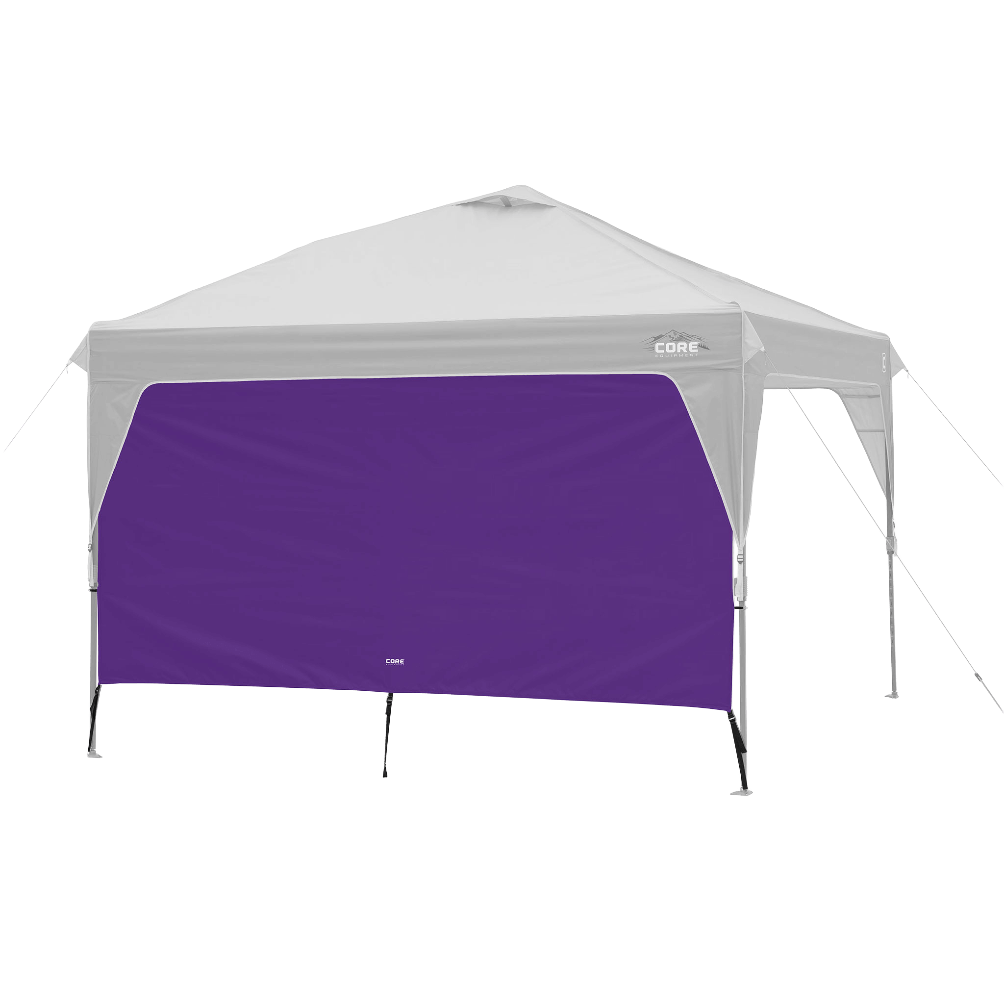 CORE canopy sun wall in purple shown with 10x10 canopy top, featuring UV protection and water-resistant fabric.