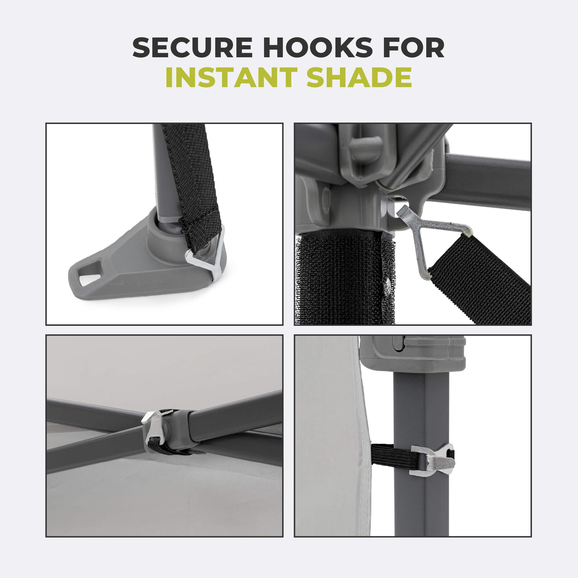 Close-up of secure hooks on the CORE canopy sun wall, designed for quick setup and stable connection to the canopy frame.