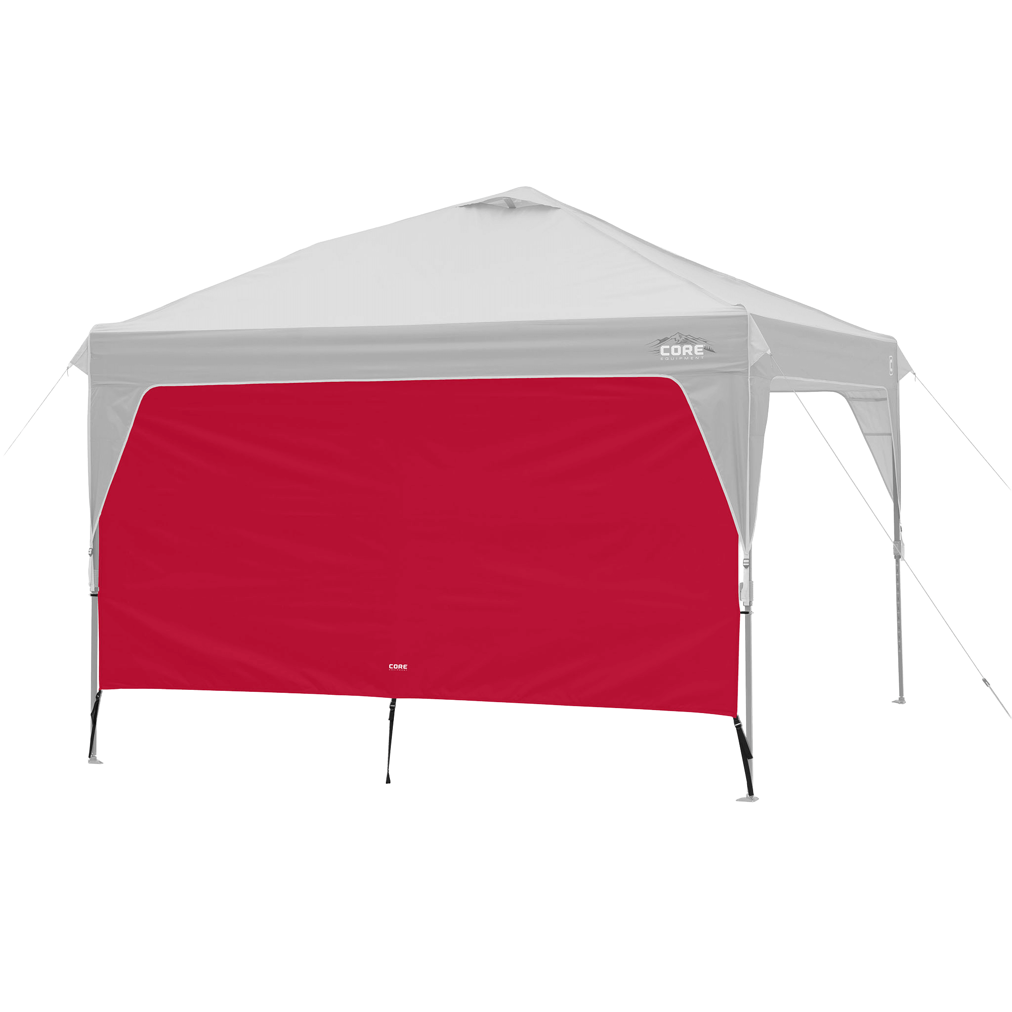 CORE canopy sun wall in red shown with 10x10 canopy top, featuring UV protection and water-resistant fabric.