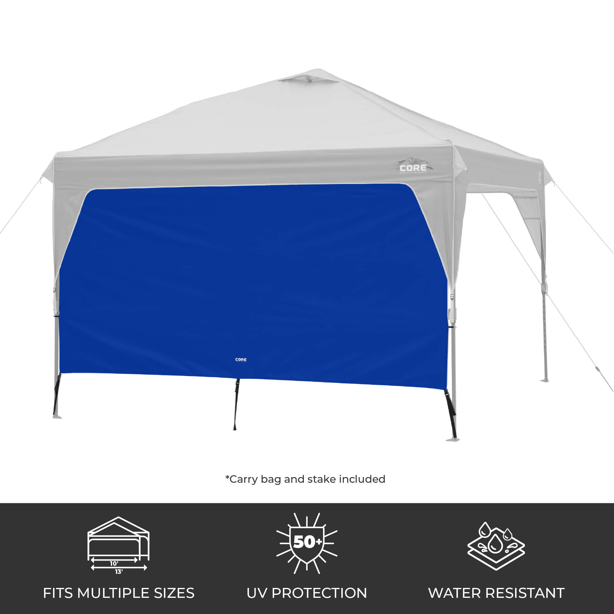 CORE canopy sun wall in royal blue attached to a 10x10 canopy, featuring UV protection, water resistance, and an included carry bag and stake.