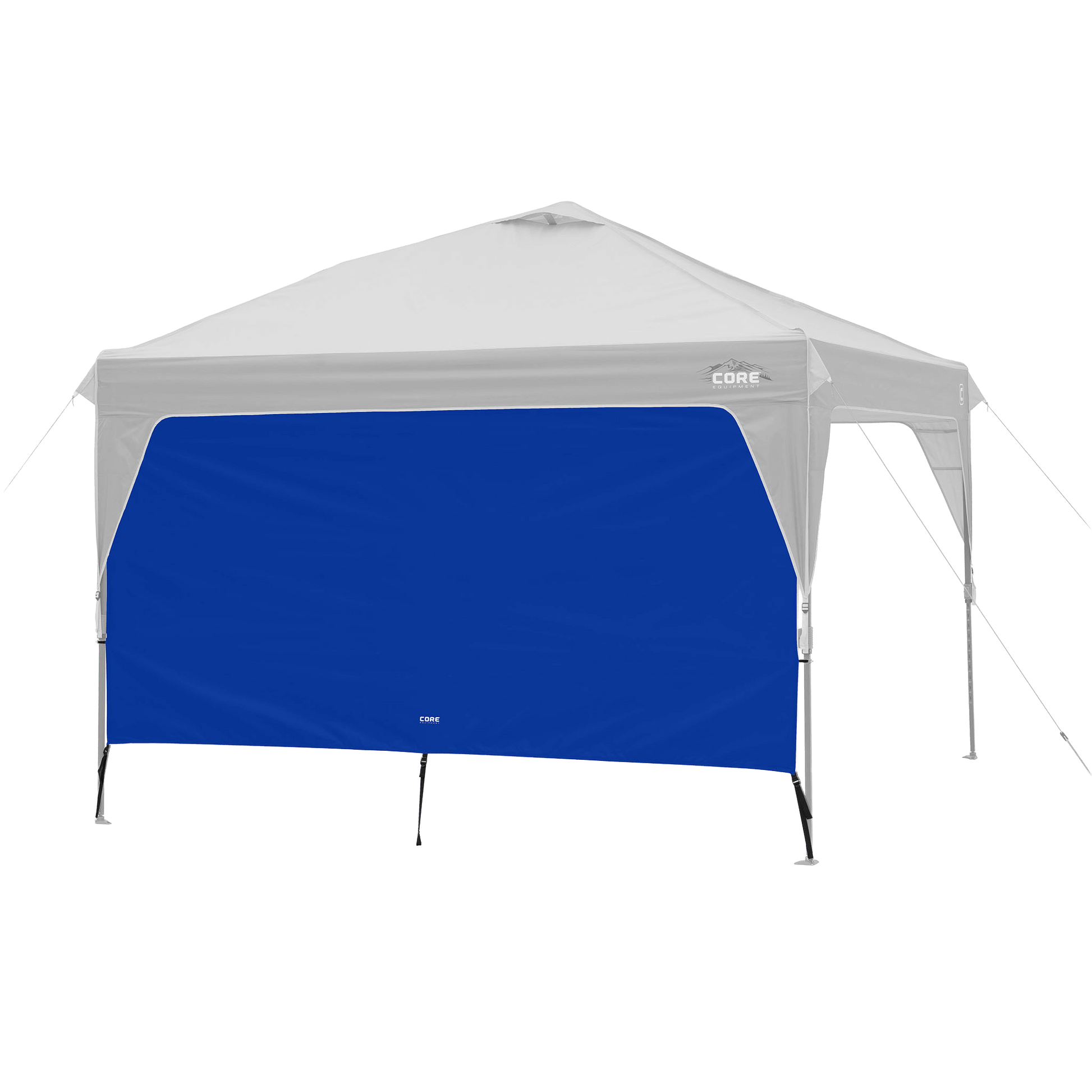 CORE canopy sun wall in royal blue shown with 10x10 canopy top, featuring UV protection and water-resistant fabric.