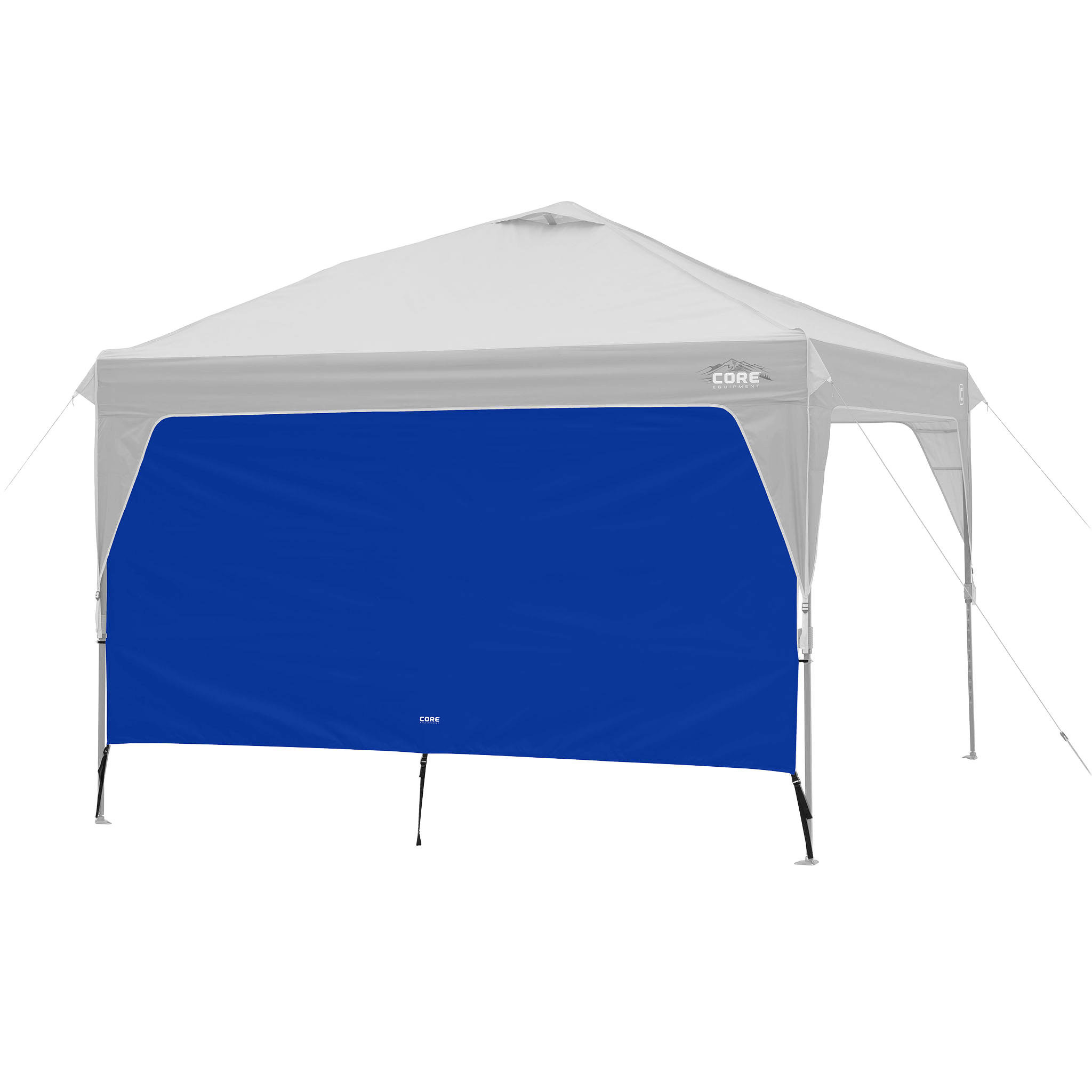 CORE canopy sun wall in royal blue shown with 10x10 canopy top, featuring UV protection and water-resistant fabric.