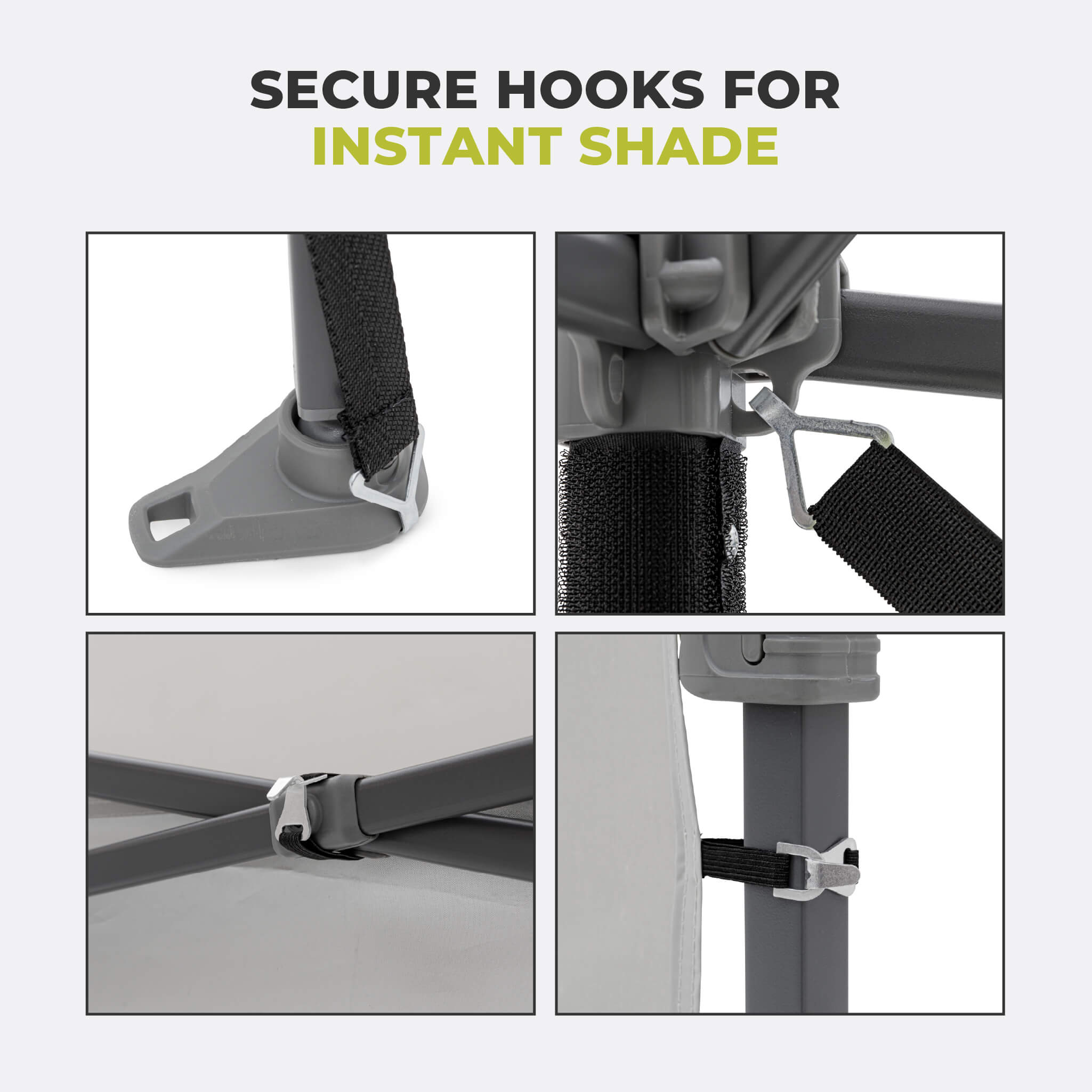 Close-up of secure hooks on the CORE canopy sun wall, designed for quick setup and stable connection to the canopy frame.