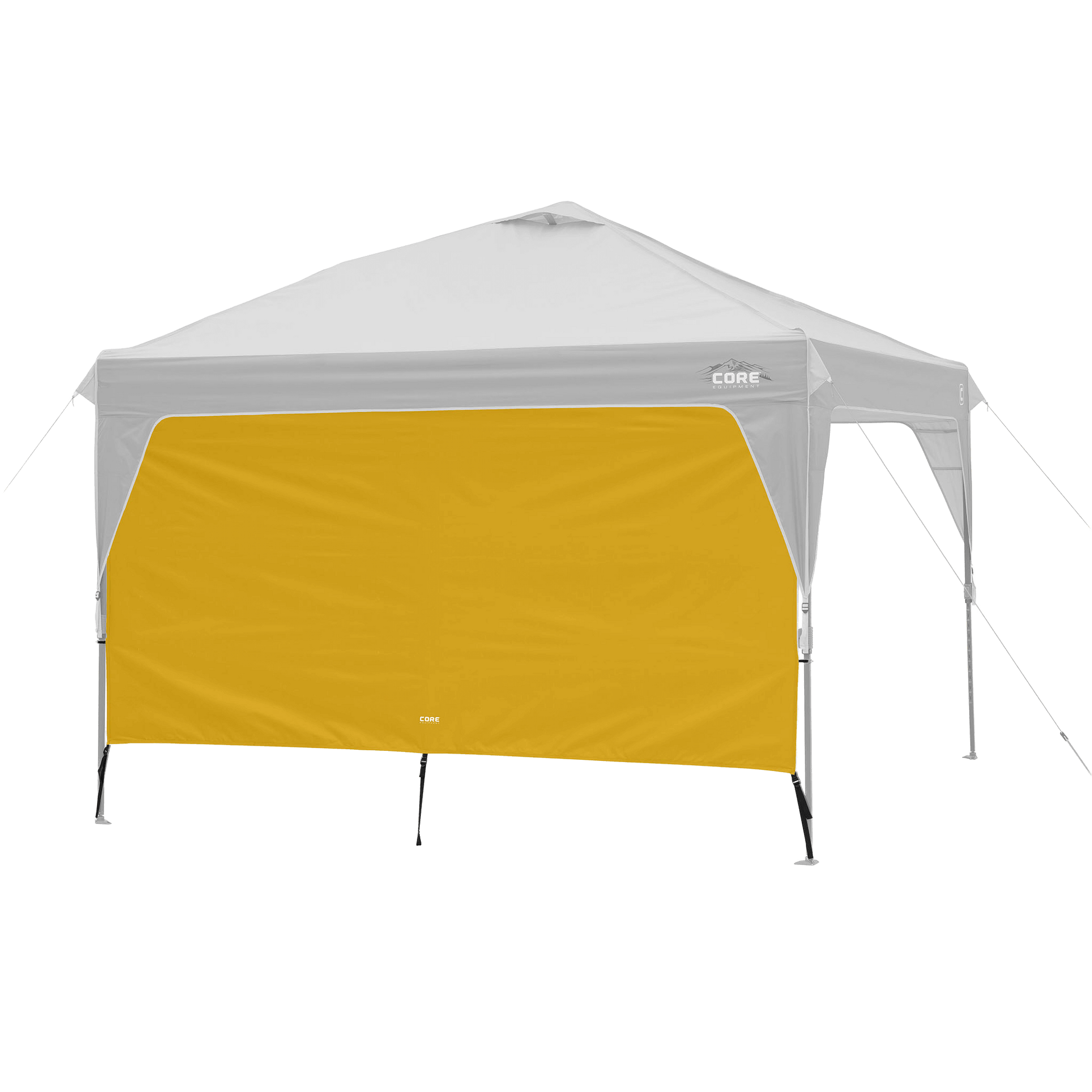 CORE canopy sun wall in yellow gold shown with 10x10 canopy top, featuring UV protection and water-resistant fabric.