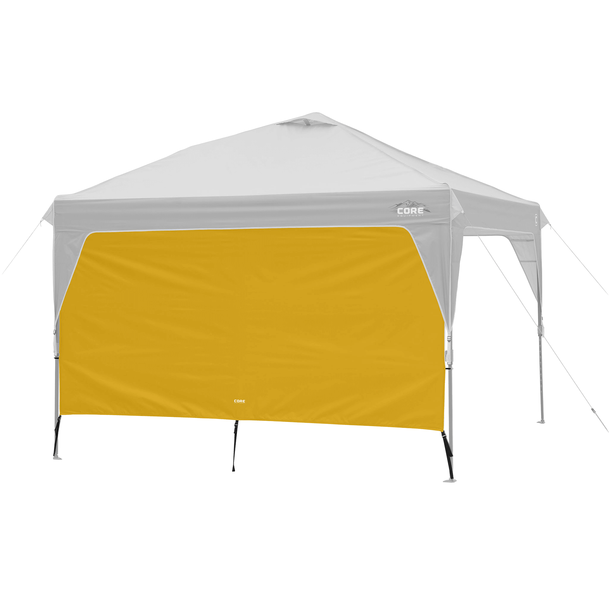 CORE canopy sun wall in yellow gold shown with 10x10 canopy top, featuring UV protection and water-resistant fabric.