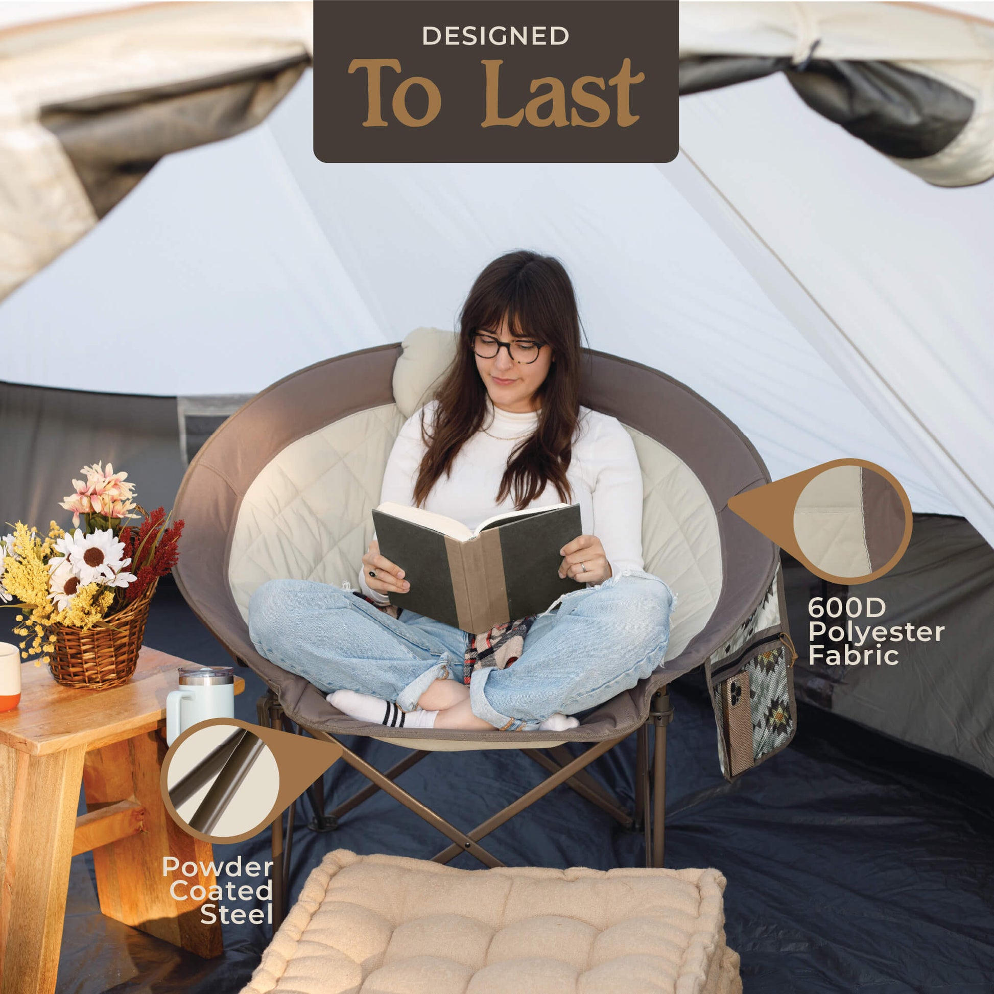 Camper reading in CORE beige and brown chair with padded seat, 600D polyester fabric, and powder-coated steel frame.