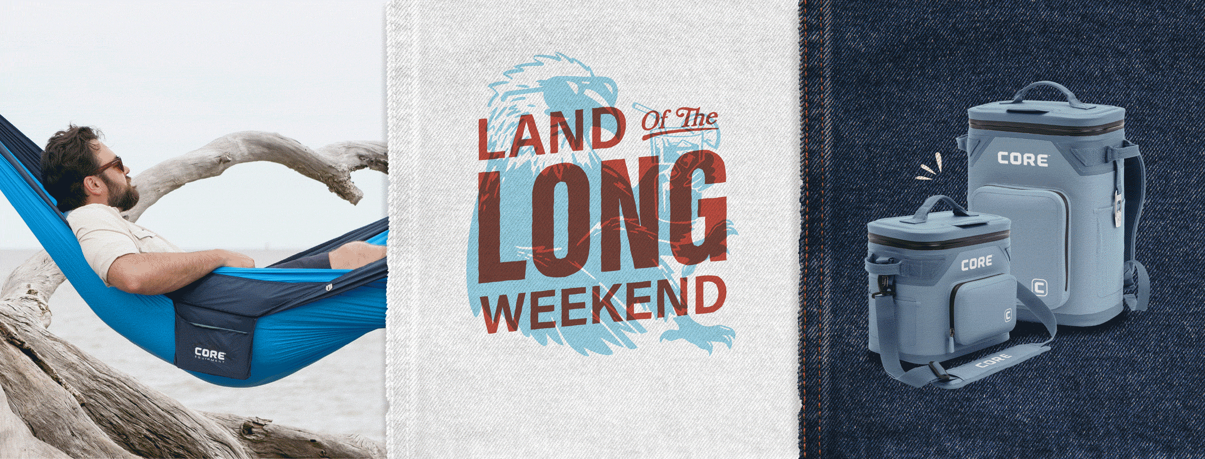 Image with text that says "Land Of The Long Weekend and different CORE products.