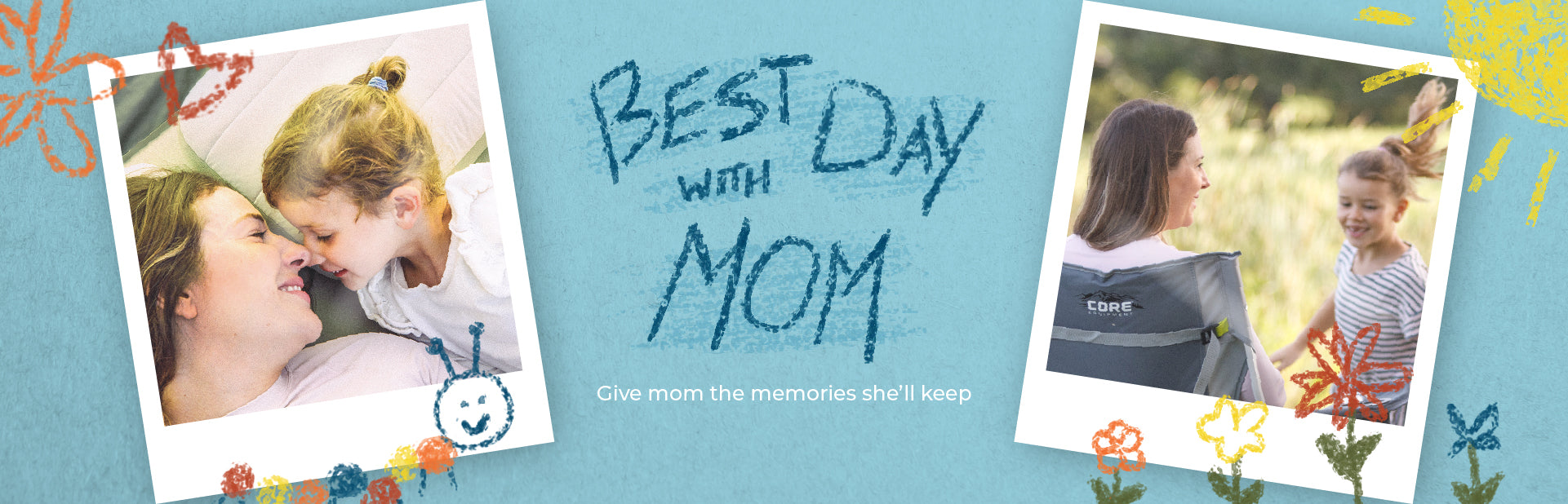 Promotional banner for 'Best Day with Mom' featuring two photos of a woman and child, with text and decorative elements.