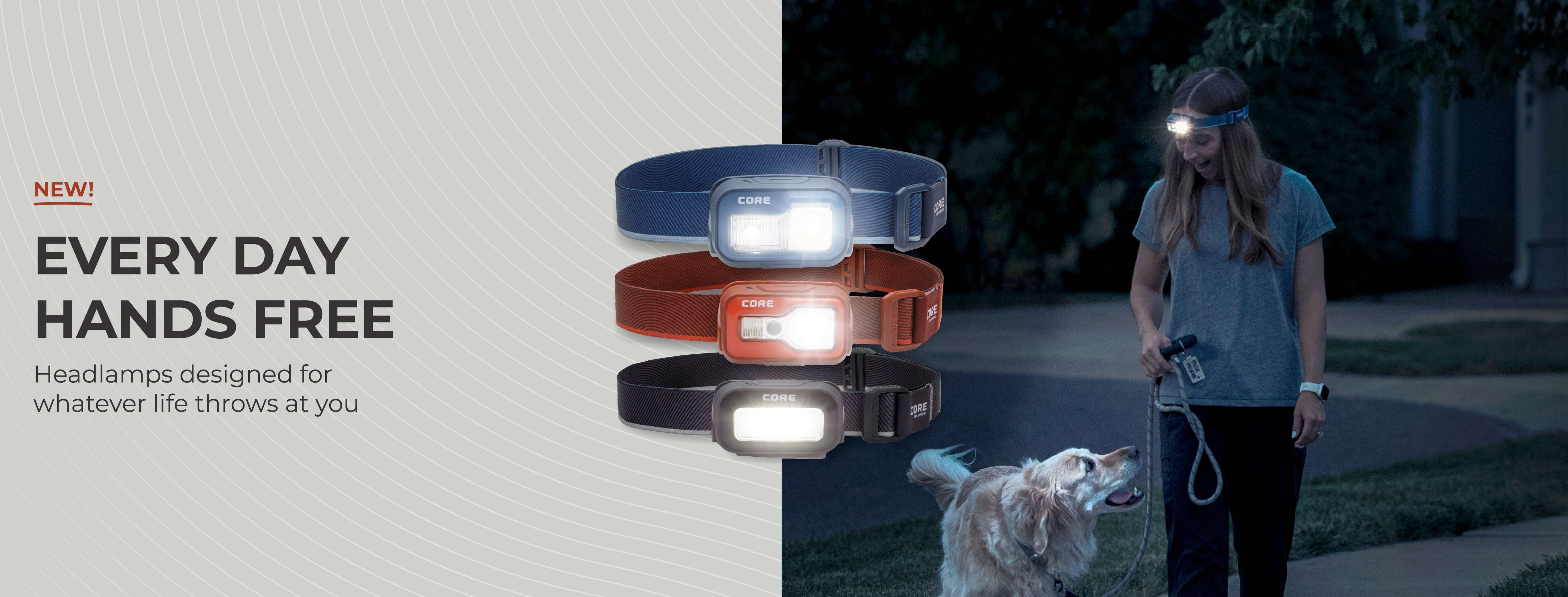 Headlamps with text 'Every Day Hands Free' and a person using one outdoors.