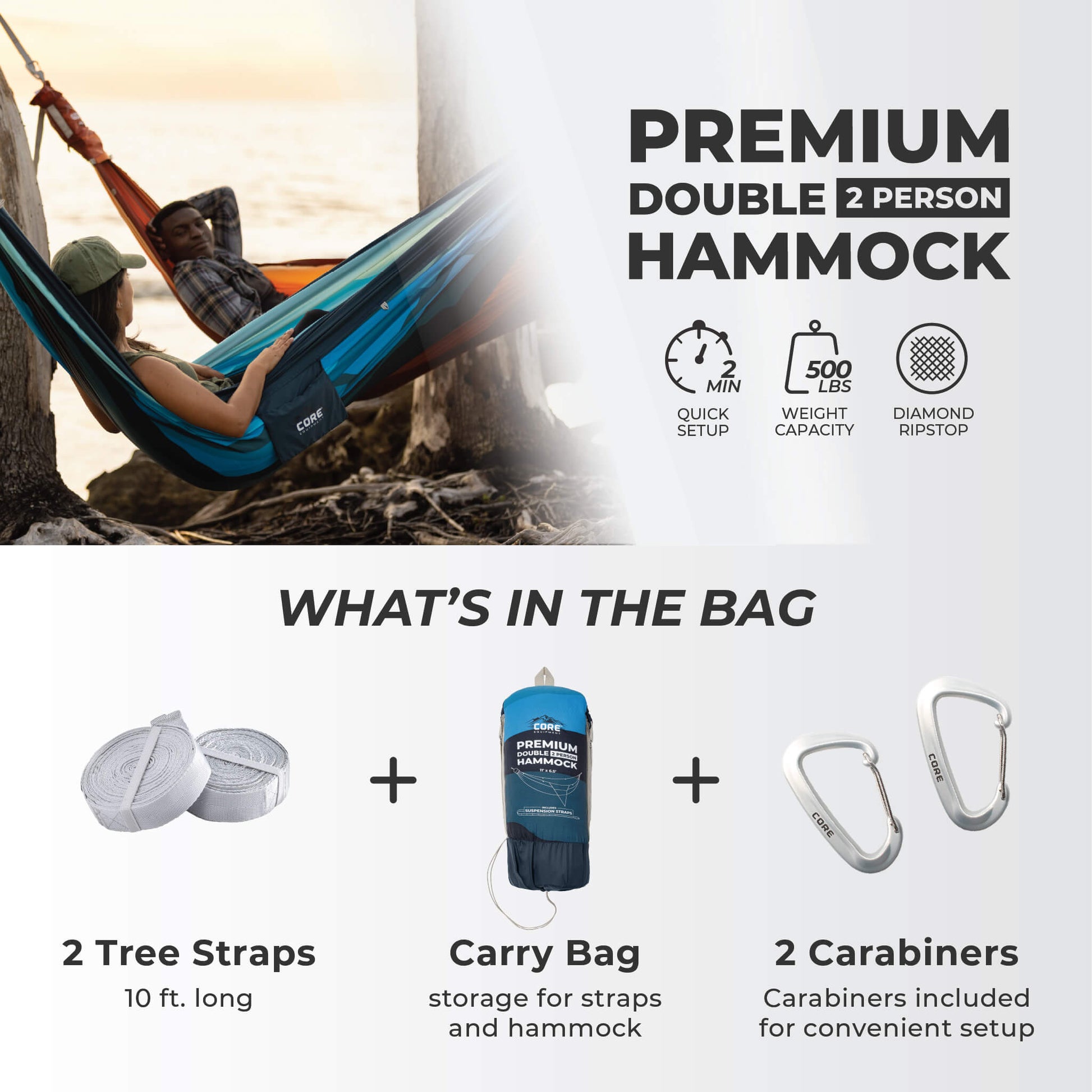 CORE blue mountain pattern double premium hammock with 500 lb capacity, quick setup, 10 ft straps, carry bag, and carabiners.