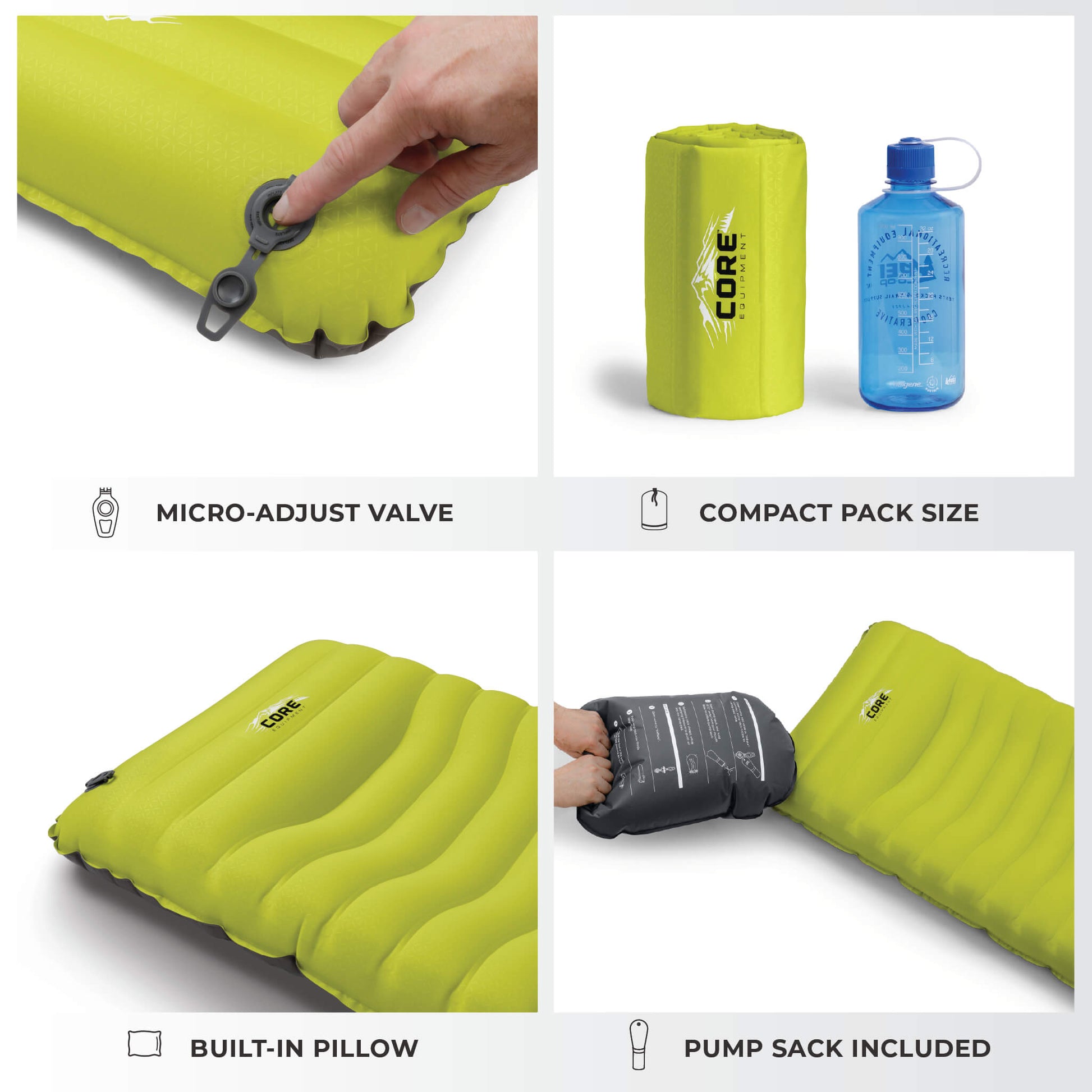 Details of the CORE insulated sleeping pad with valve, compact pack size, and built-in pillow.