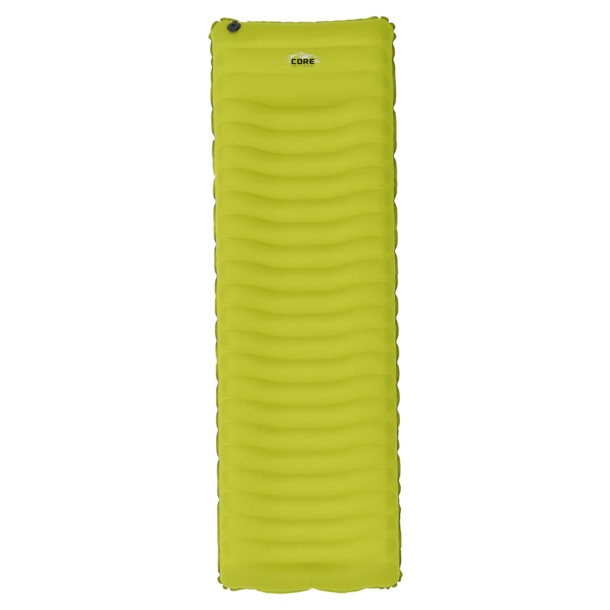 CORE insulated sleeping pad in bright green, featuring a built-in pillow and stretch fabric.