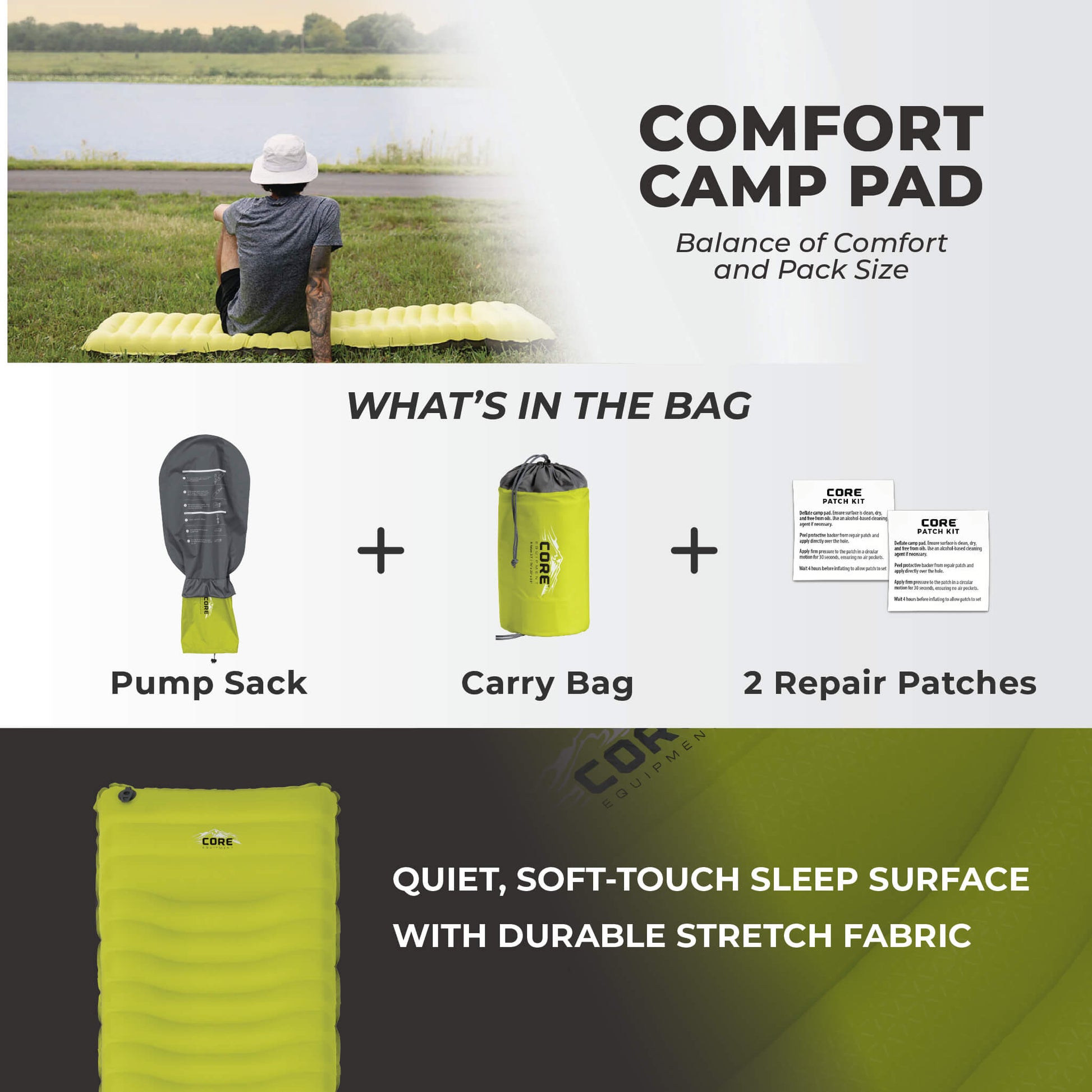 CORE insulated sleeping pad with included pump sack, carry bag, and two repair patches.