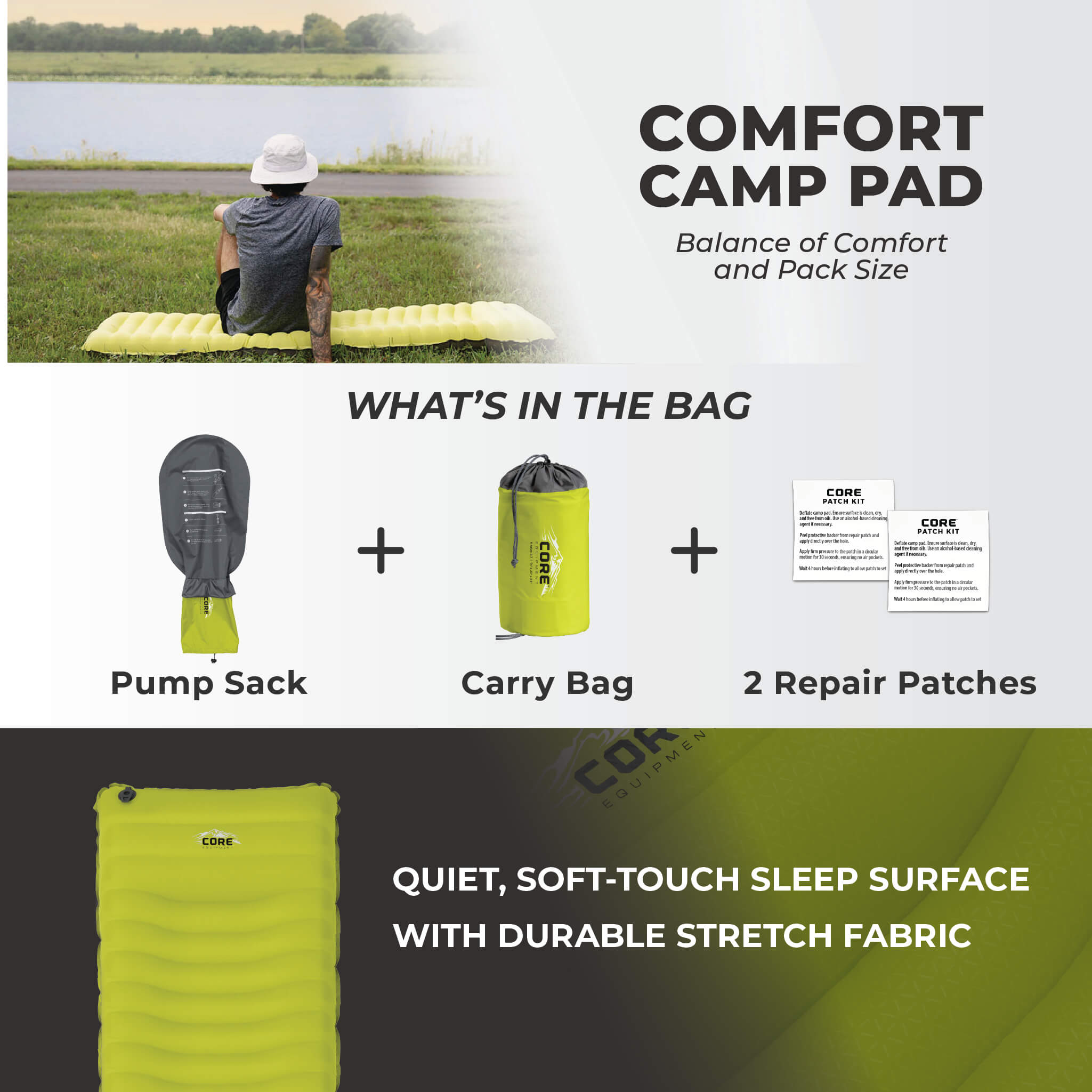 CORE insulated sleeping pad with included pump sack, carry bag, and two repair patches.