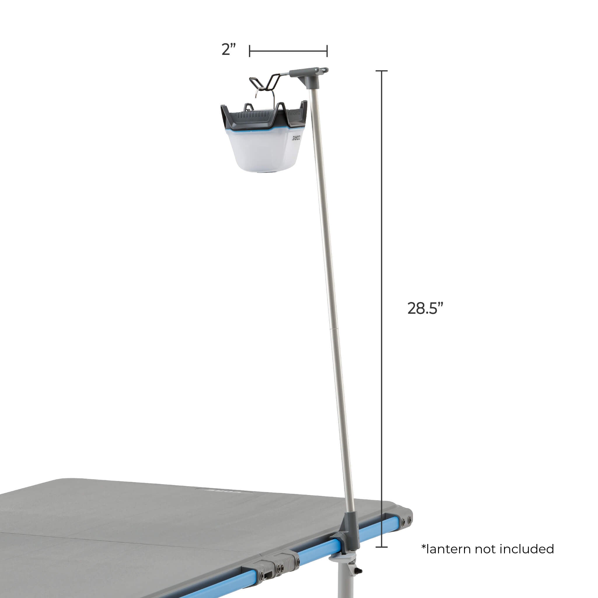 CORE lantern holder with clamp mount shown on table, featuring a 28.5-inch pole height and a hook for a secure outdoor lighting setup.