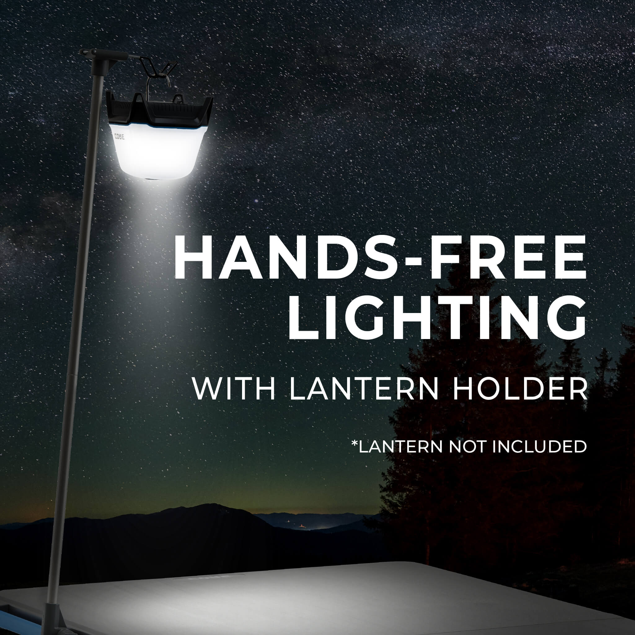 CORE lantern holder shown with hanging light for hands-free outdoor lighting, designed to clamp easily onto camp tables at night.