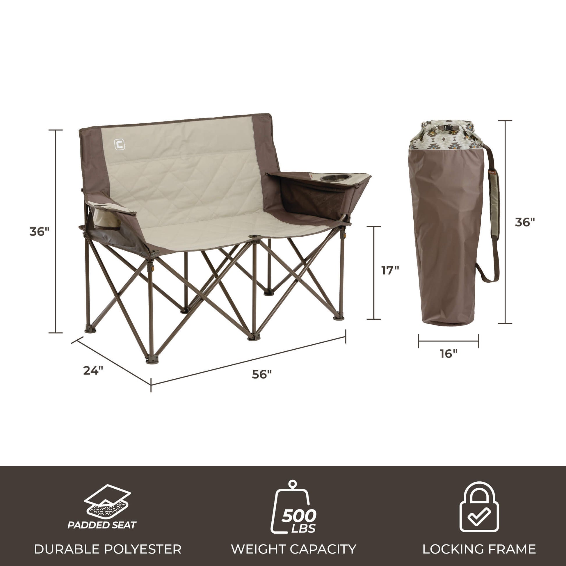 CORE loveseat camp chair in brown and beige features a padded seat, a 500 lb capacity, a locking frame, and an included carry bag. Dimensions: 56 x 24 x 36 in.