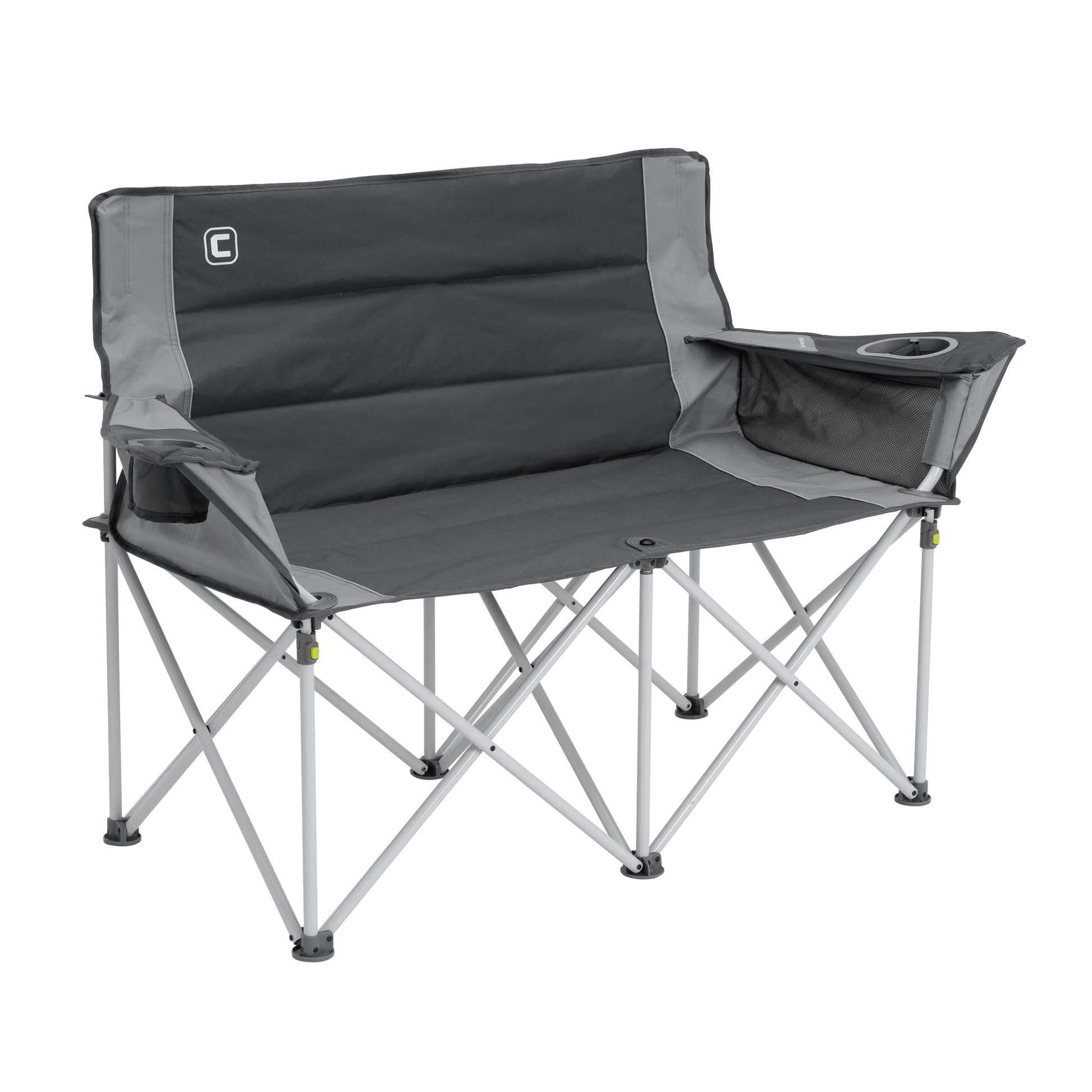 CORE outdoor loveseat chair front view in gray with dual cup holders and side storage.