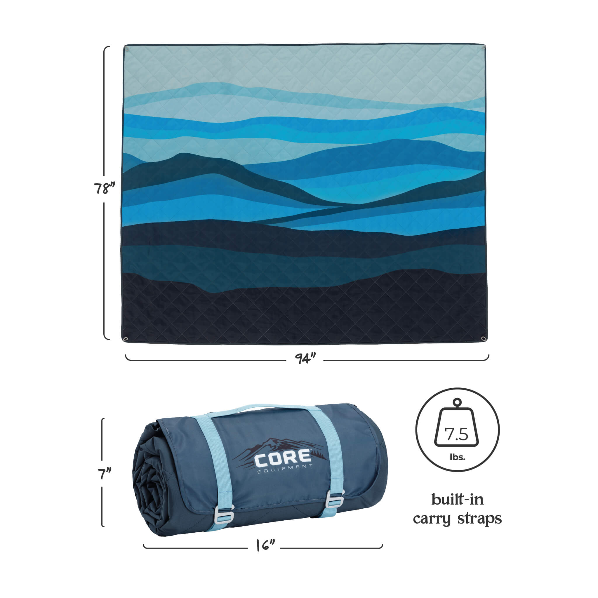 CORE Staydown Anchortech outdoor weighted blanket in blue mountain pattern, 94 by 78 inches, 7.5 lbs, flat and rolled with straps.