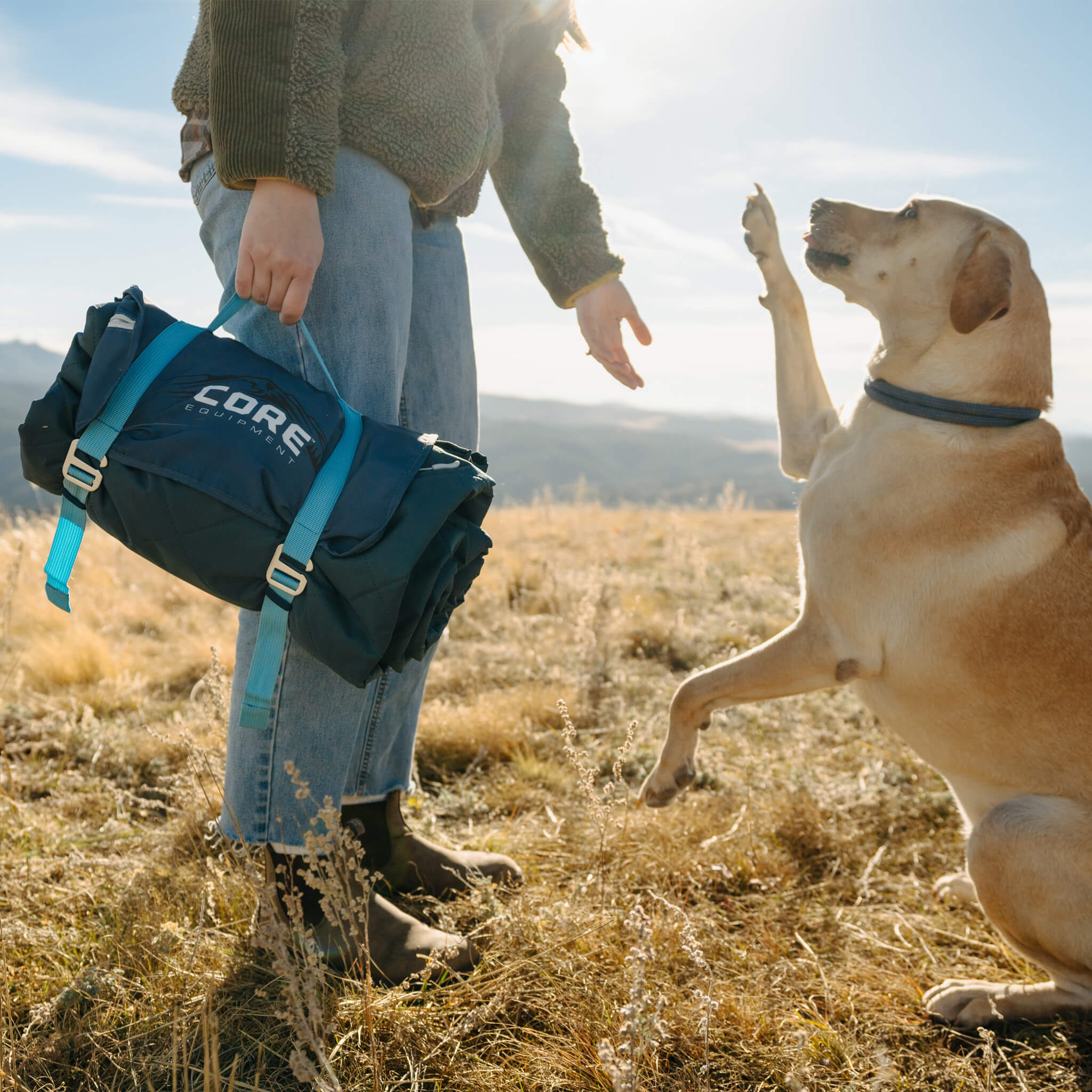 A person holding a rolled CORE blue outdoor weighted blanket secured with straps next to a dog.