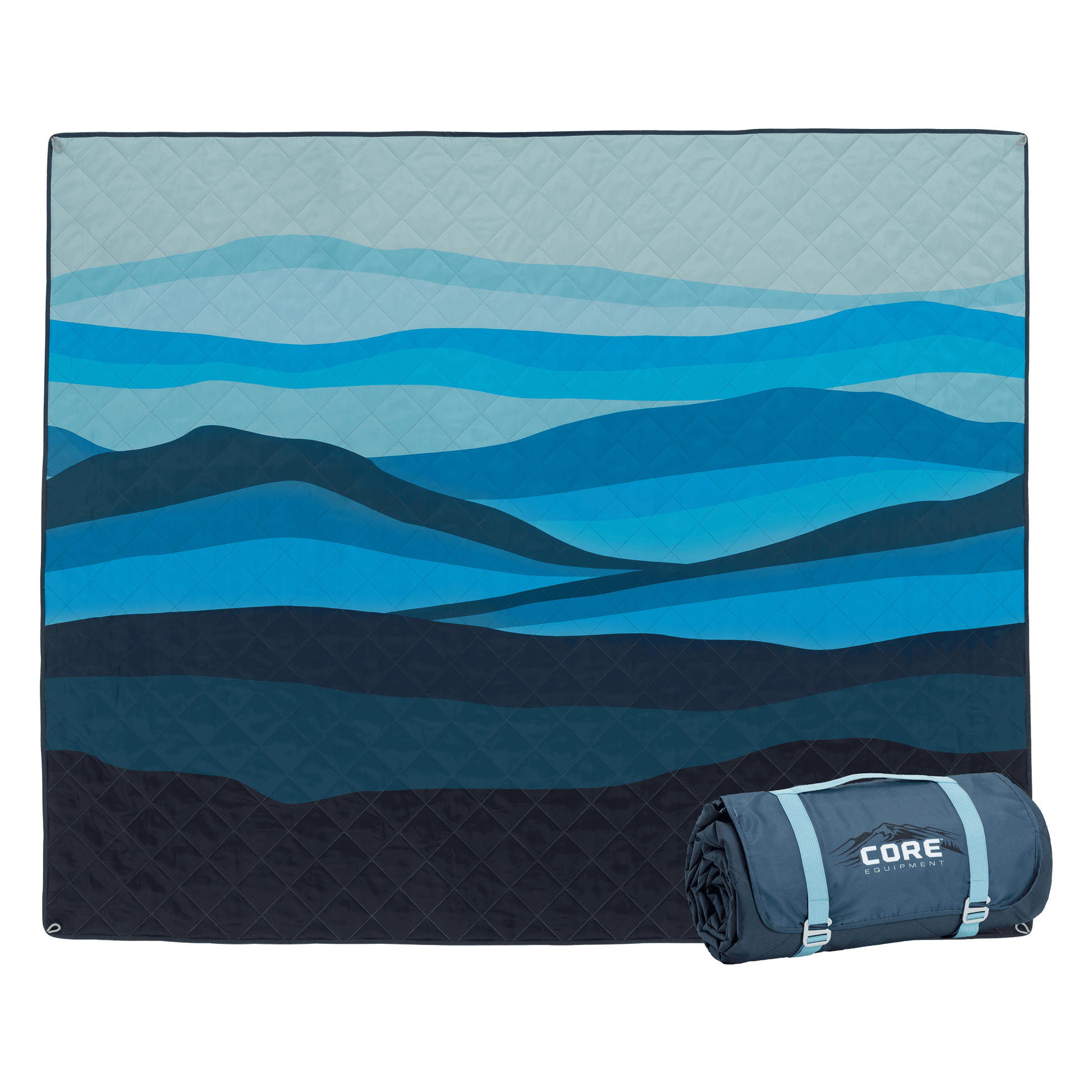 CORE Staydown Anchortech outdoor weighted blanket in blue mountain pattern with an image of the blanket rolled beside it.