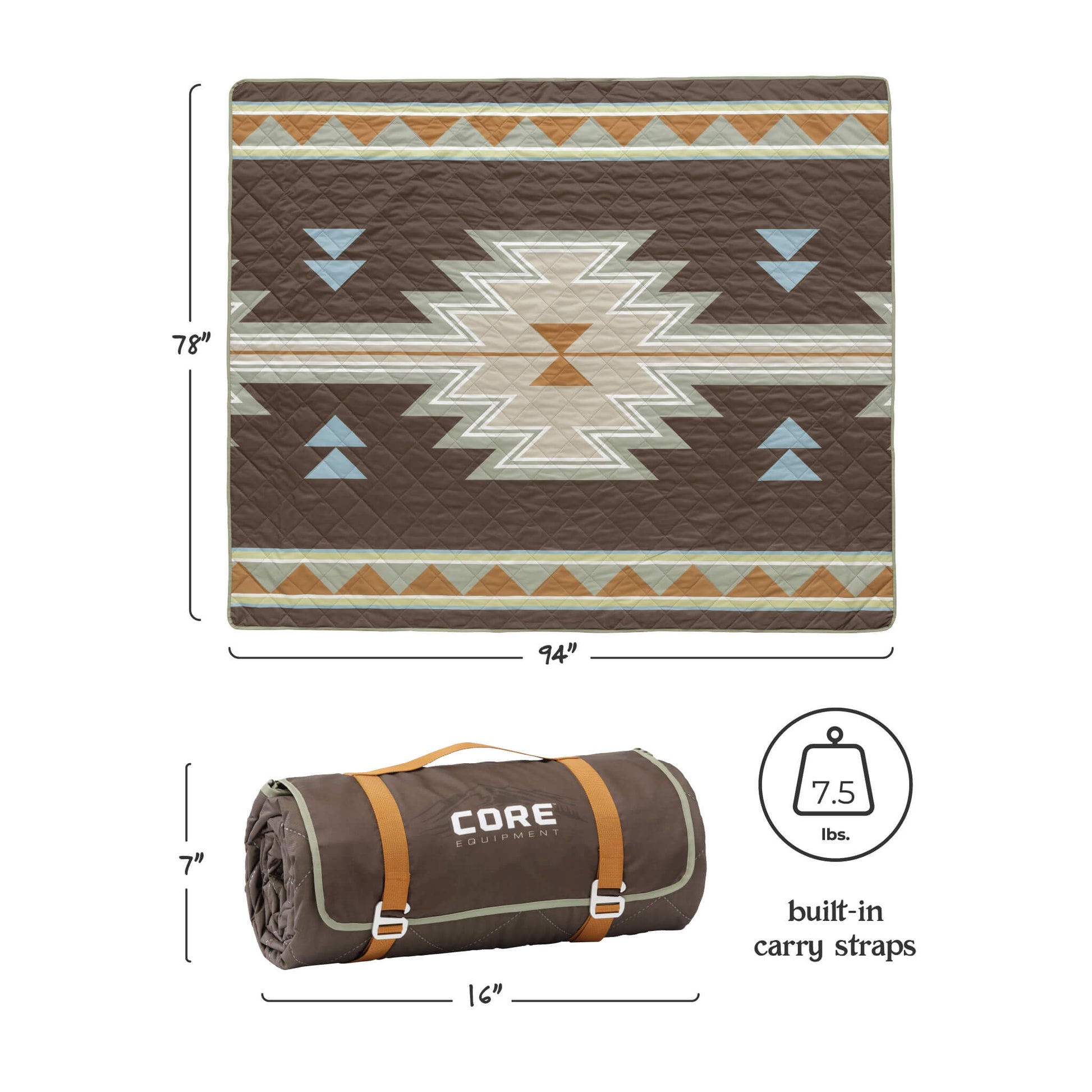 CORE Staydown Anchortech outdoor weighted blanket in brown southwestern desert mosaic pattern, 94 by 78 inches, 7.5 lbs, flat and rolled with straps.