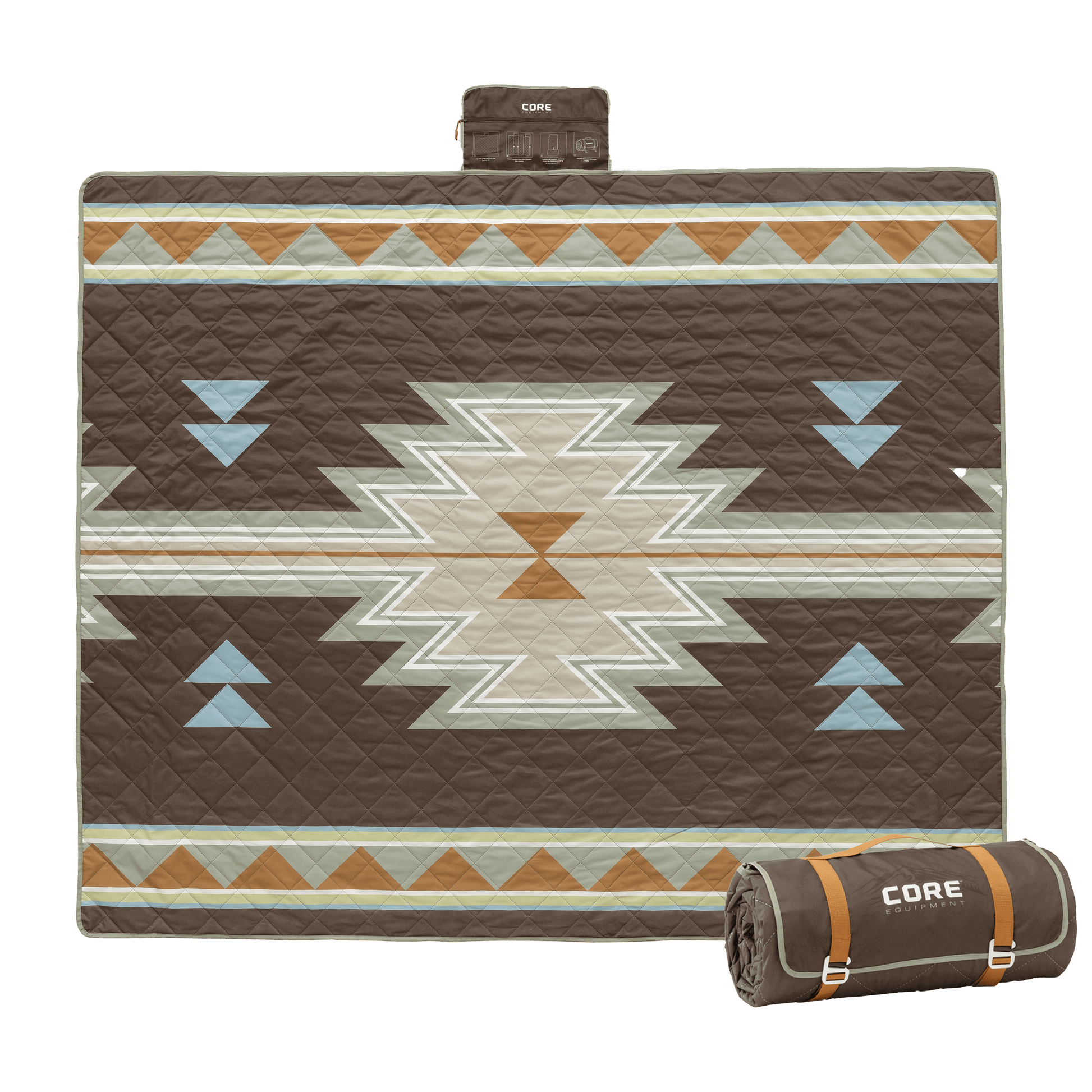CORE Staydown Anchortech outdoor weighted blanket with a brown southwestern desert mosaic pattern with an image of the blanket rolled beside it.