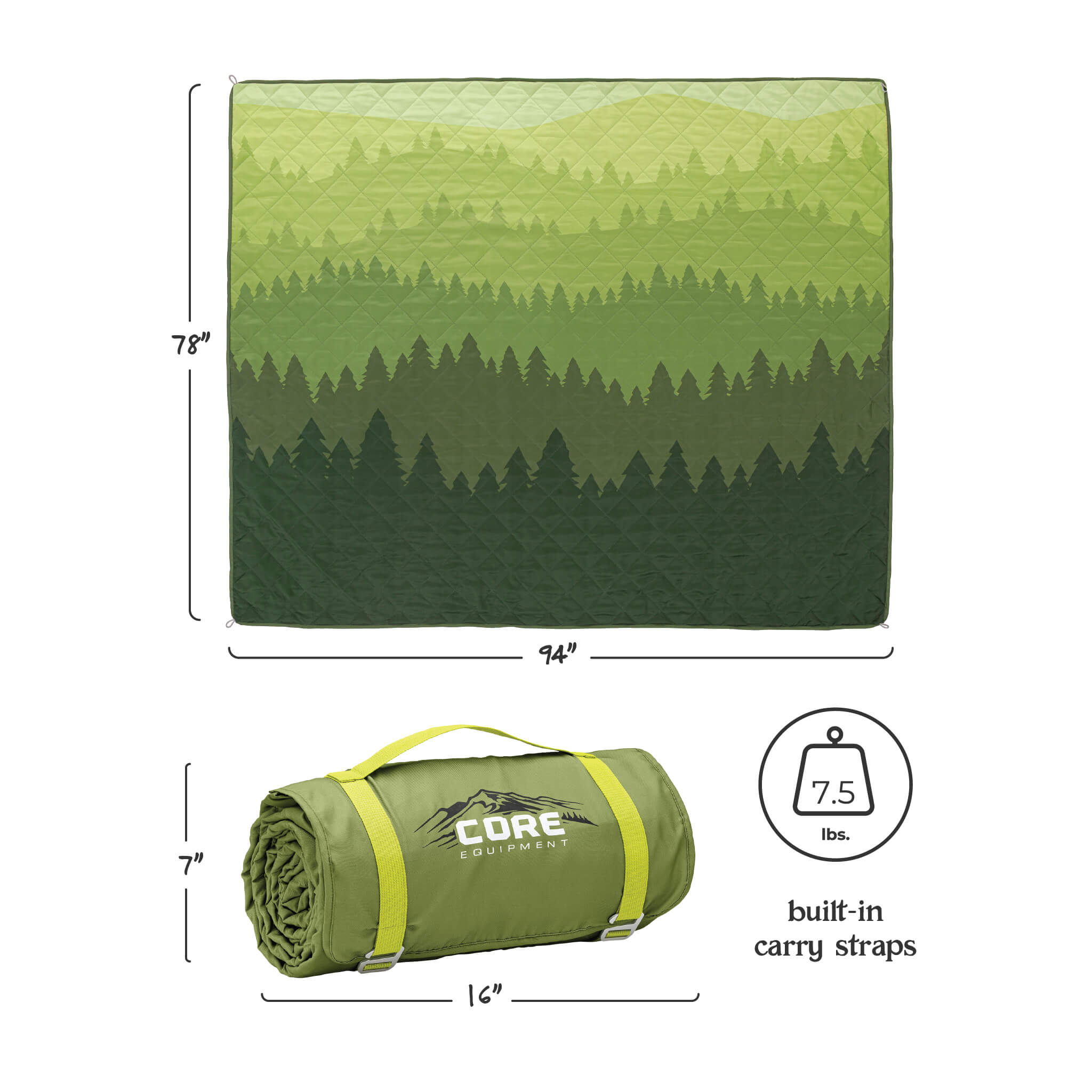 CORE Staydown Anchortech outdoor weighted blanket in green forest pattern, 94 by 78 inches, 7.5 lbs, flat and rolled with straps.