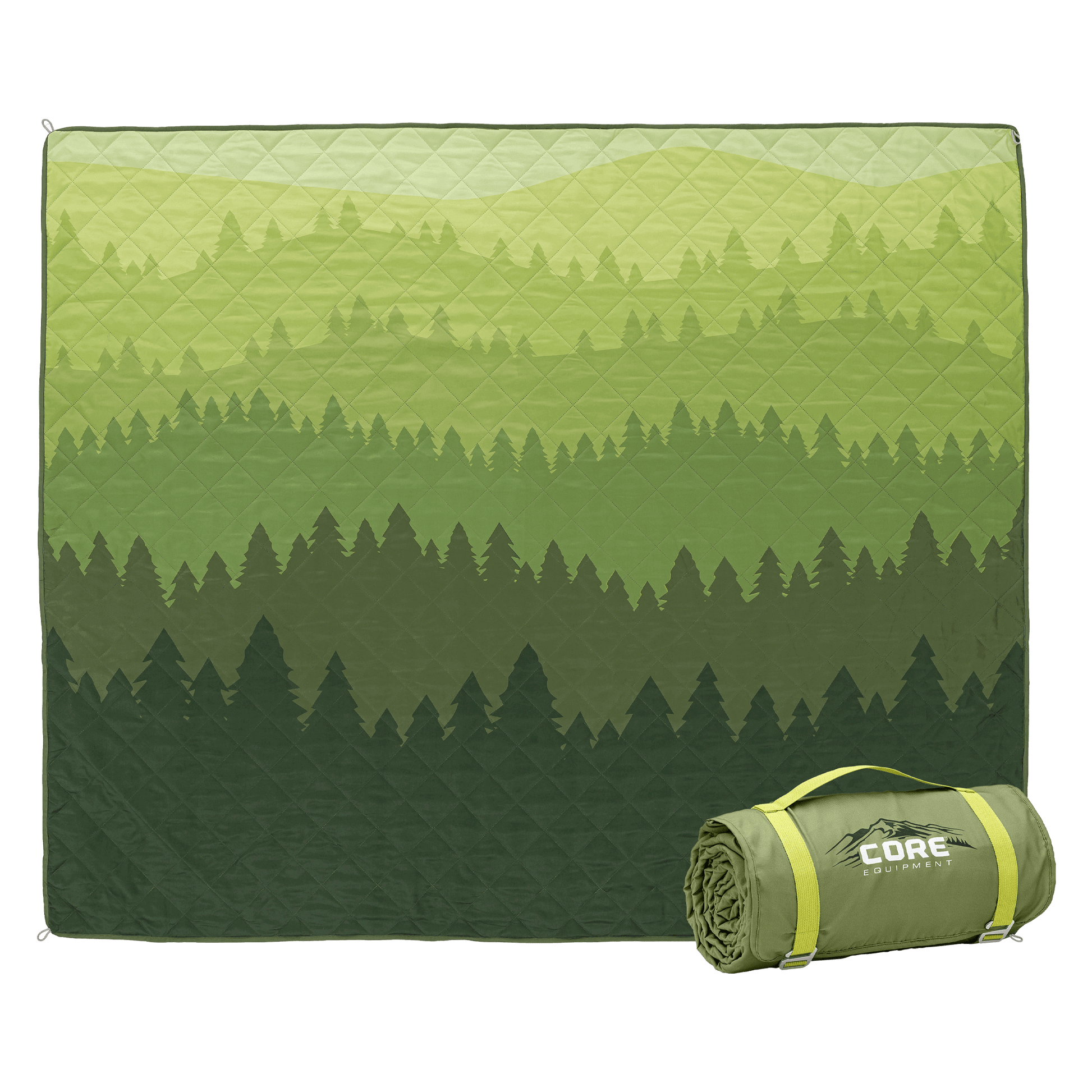 CORE Staydown Anchortech outdoor weighted blanket in green forest pattern with an image of the blanket rolled beside it.