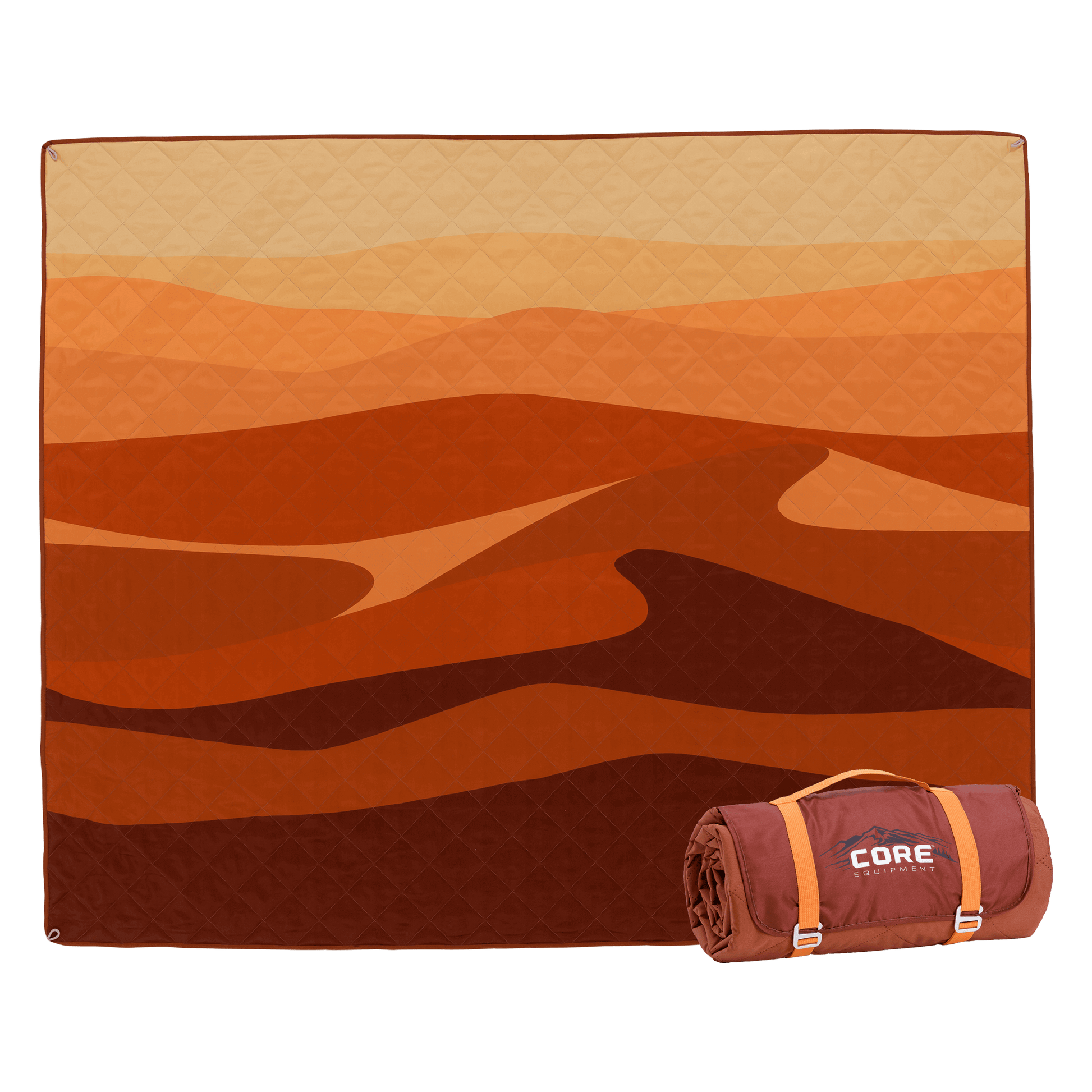 CORE Staydown Anchortech outdoor weighted blanket in orange/red sand dune pattern with an image of the blanket rolled beside it.