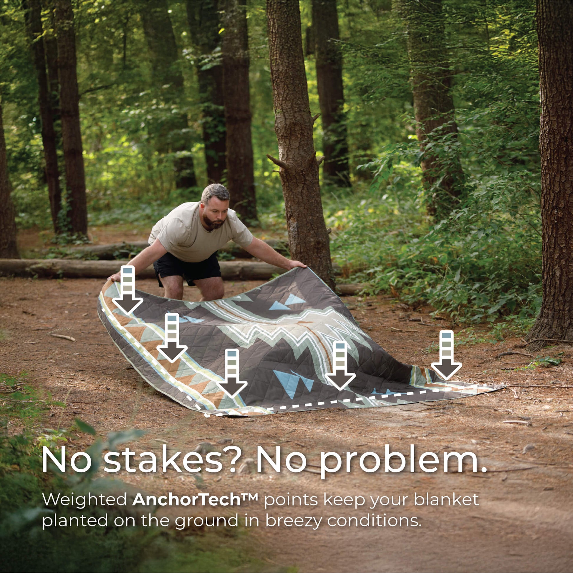 Man setting up CORE Staydown Anchortech outdoor blanket with weighted points that keep it grounded without stakes.